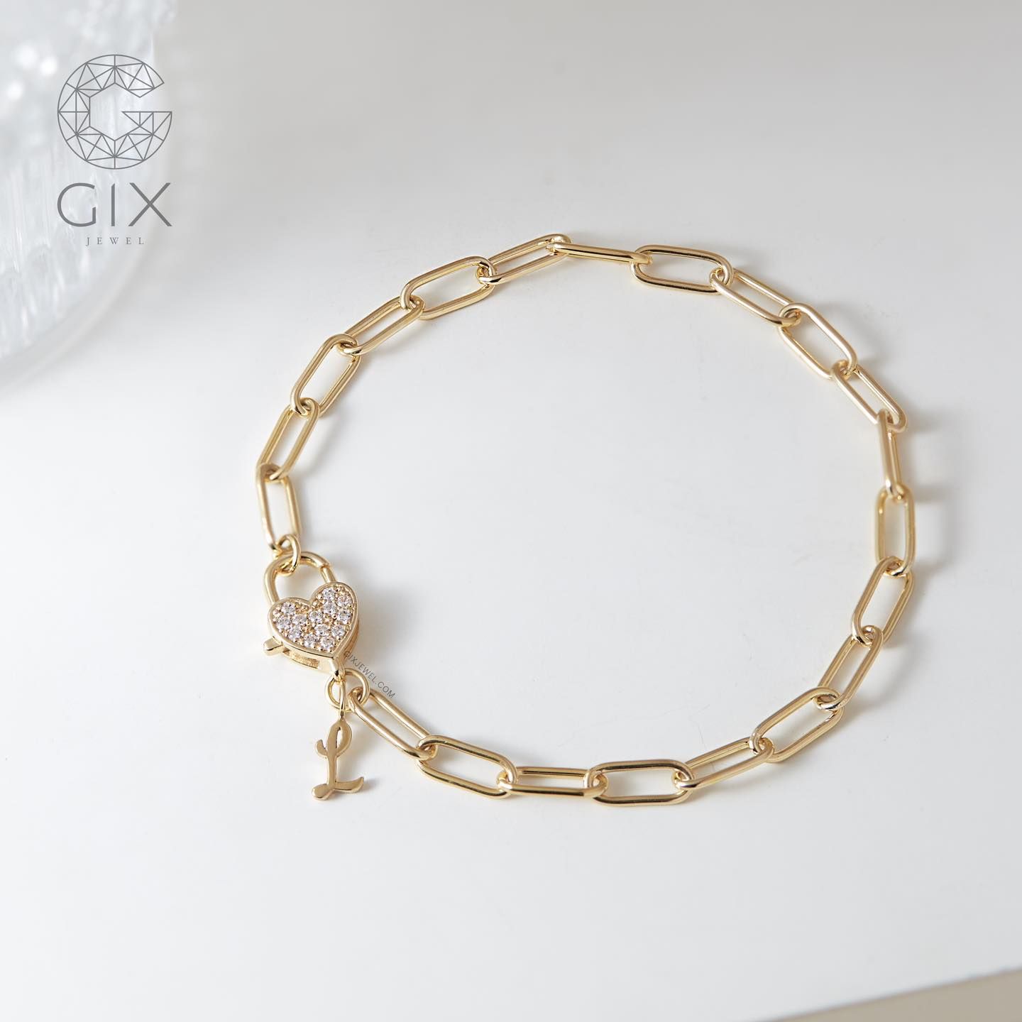 Vòng tay đôi tình yêu cho nam nữ sợi xích vàng 18k & bạc 925 gắn charm vàng trái tim và chữ Gix