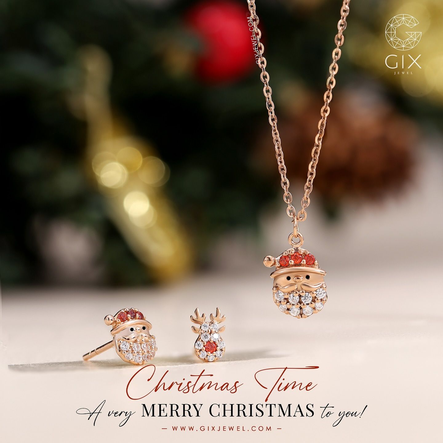 Dây chuyền vàng nữ 18k sợi nhuyễn hình giáng sinh đính đá kiểu thời trang Gixjewelry