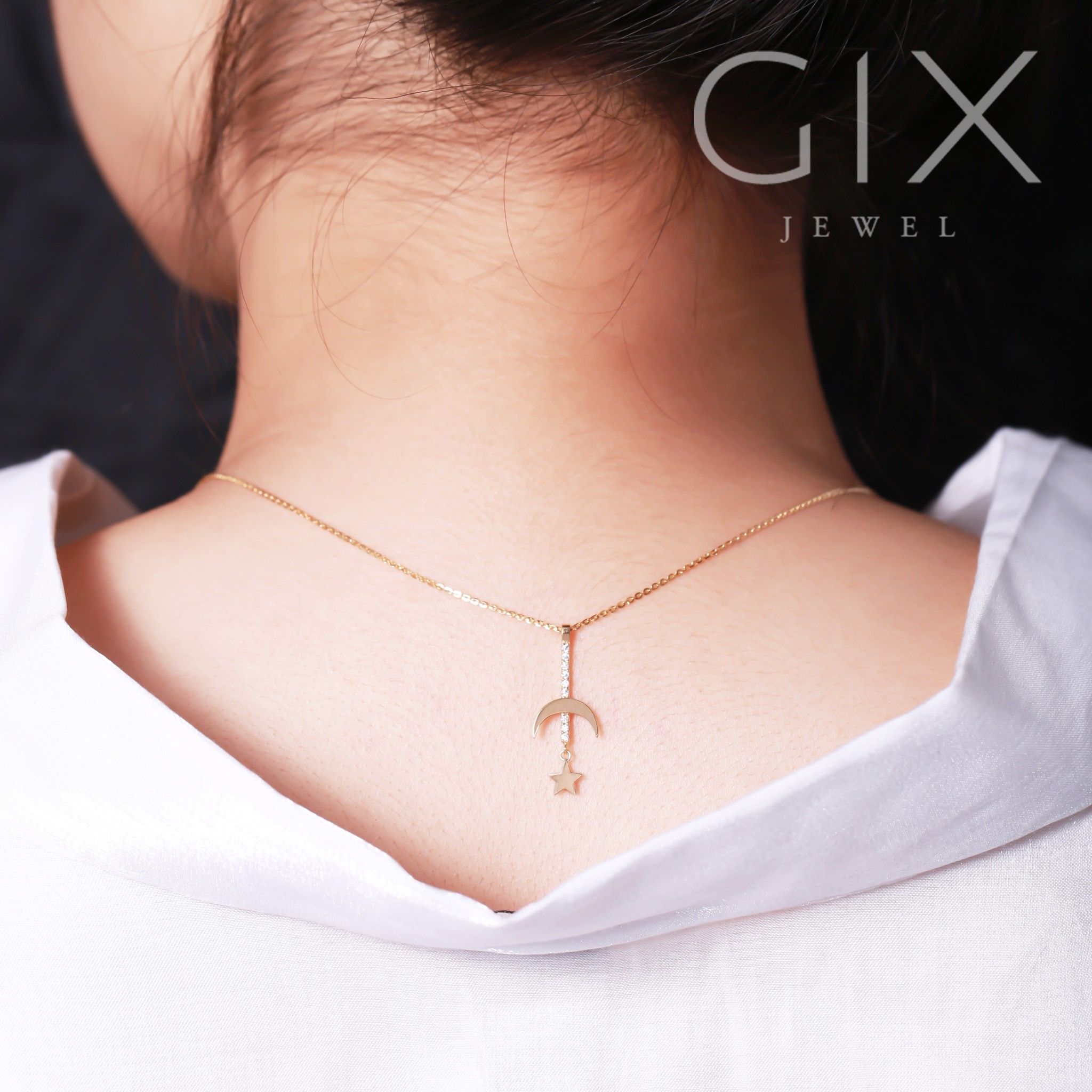 Dây chuyền vàng trắng ý 18k hình sao trăng mắt xích mỏng kiểu mới Hàn Quốc Gix