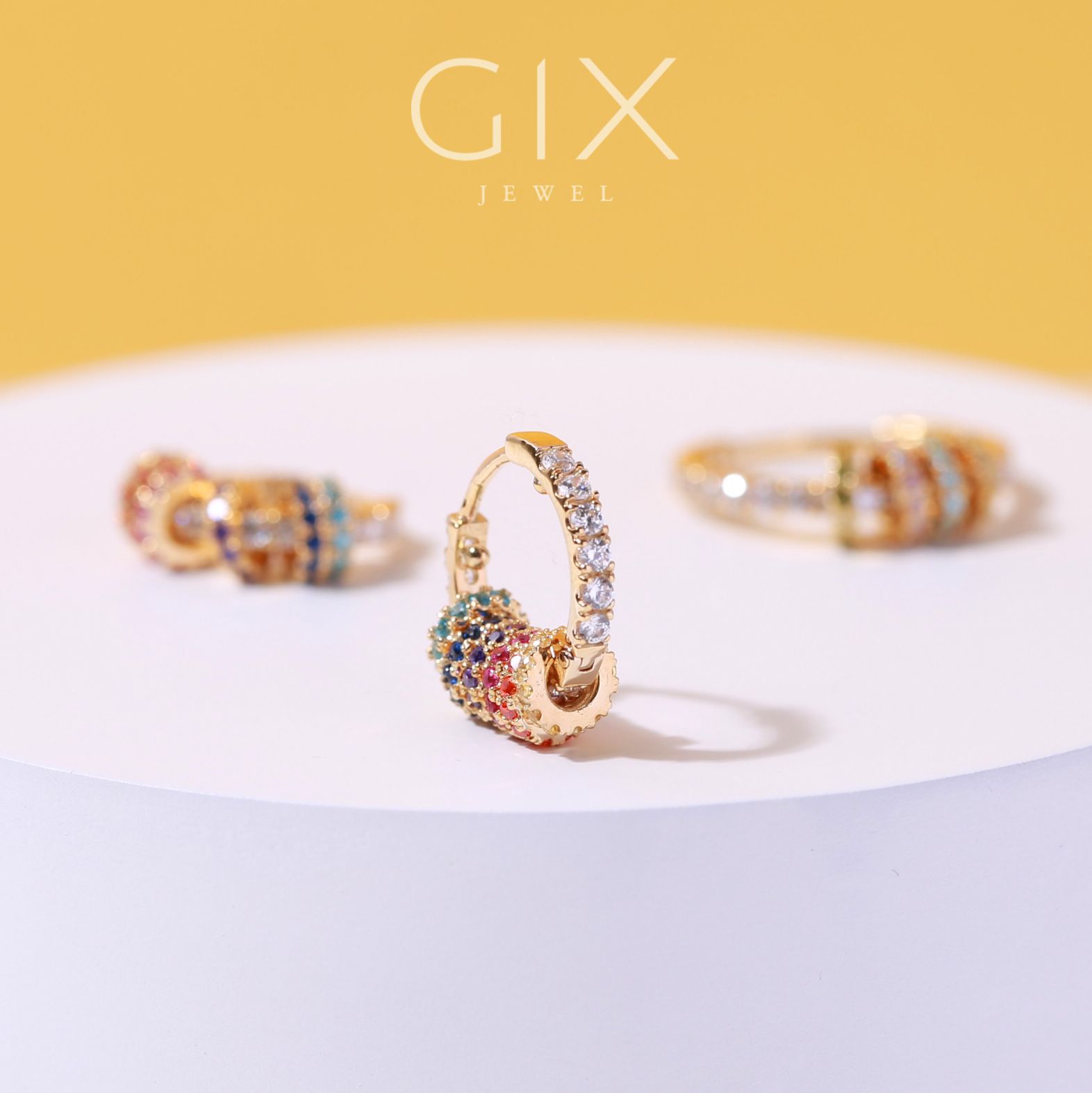 Bông tai cho u50 tòn ten vàng 18k hình tròn lớn đính đá đẹp Gix Jewel