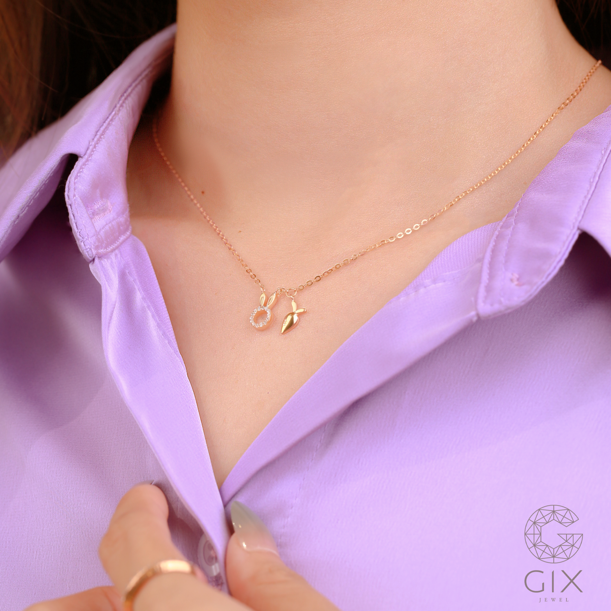 Vòng cổ vàng tây nữ 18k hình chú thỏ và củ cà rốt dễ thương cute Gixjewel