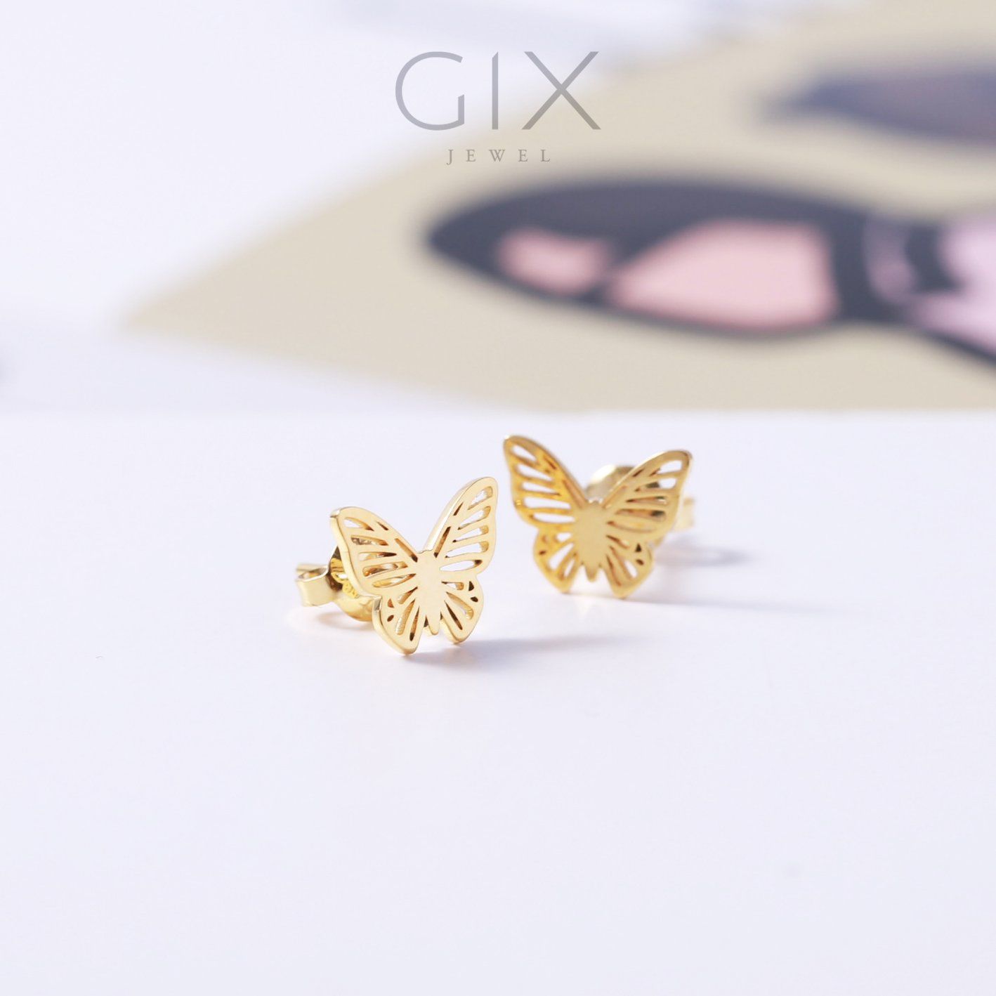 Bông tai vàng 18k bạc nữ đẹp sang trọng hình bươm bướm dễ thương Gix Jewel