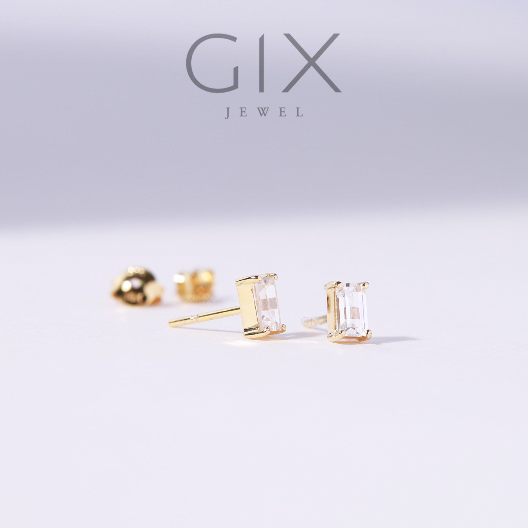Bông tai 1 hột vàng tây bạc xi bạch kim dáng nụ đá chữ nhật 4 chấu đẹp Gix Jewel