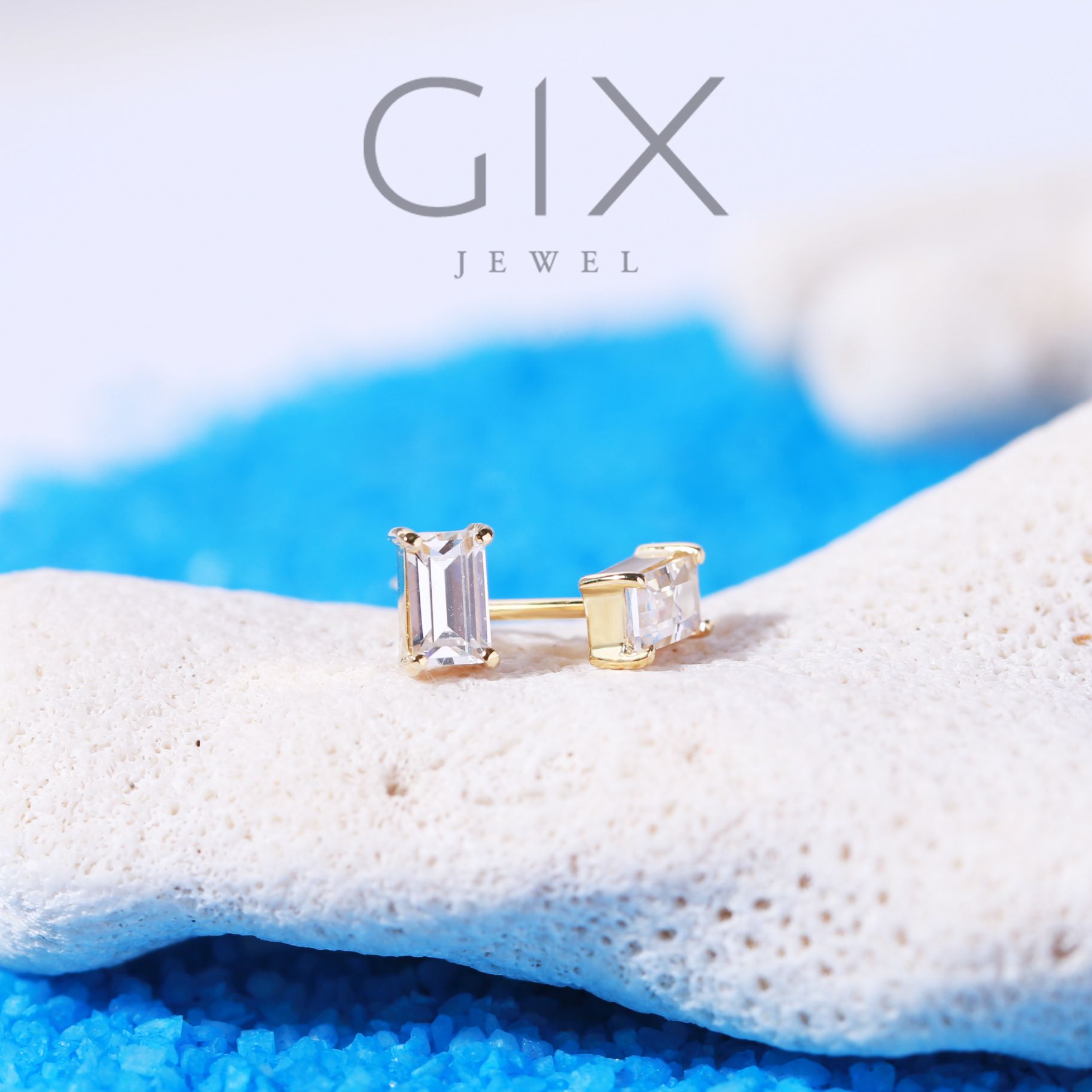 Bông tai 1 hột vàng tây bạc xi bạch kim dáng nụ đá chữ nhật 4 chấu đẹp Gix Jewel