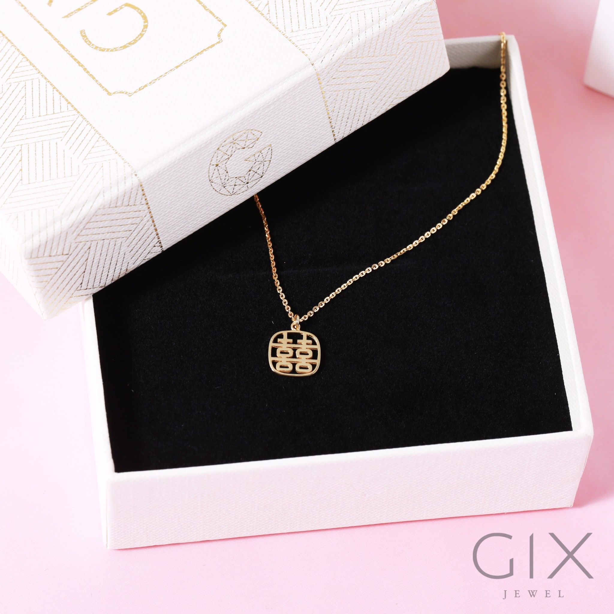 Vòng cổ vàng trắng thời trang nữ sợi nhuyễn hình chữ Hỷ Gix Jewel