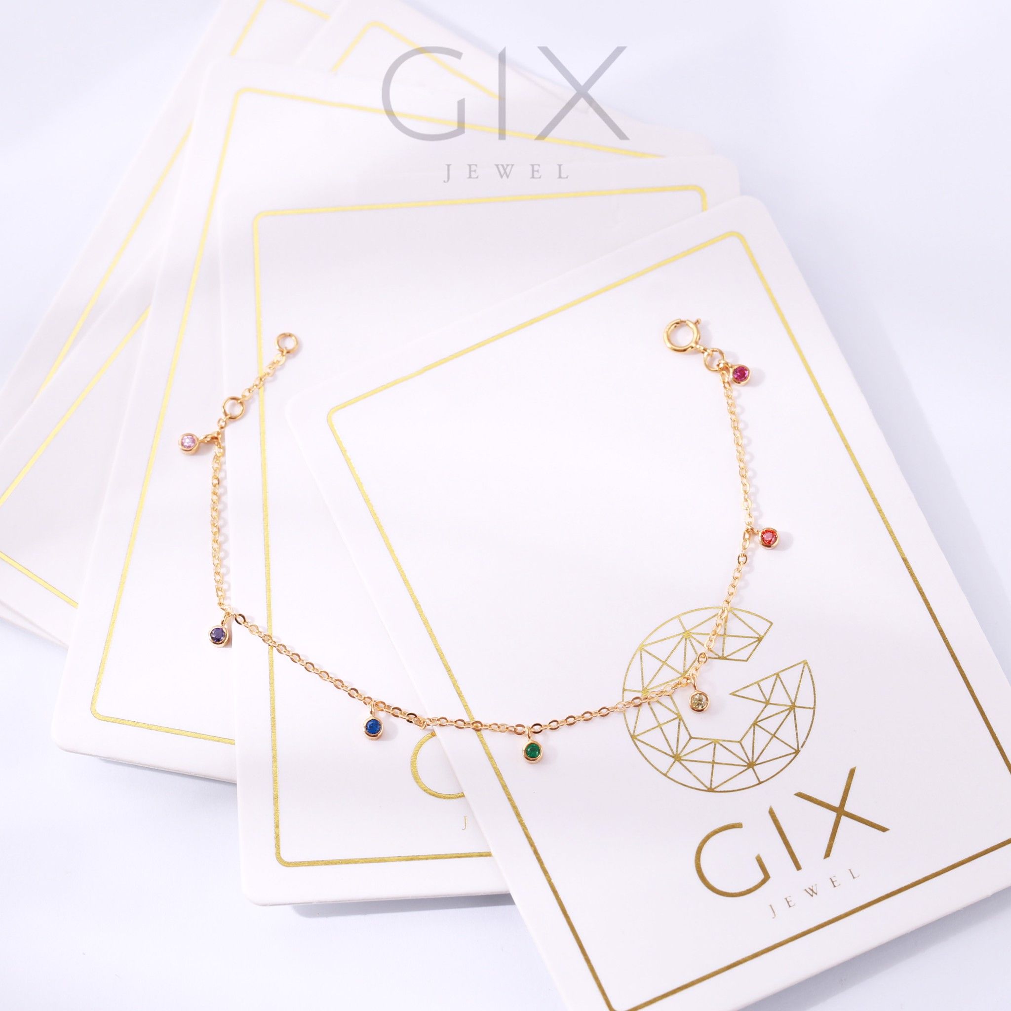 Lắc tay bạc nữ đẹp mạ vàng 18k sợi nhỏ xinh đính đá cầu vòng nhiều màu Gix