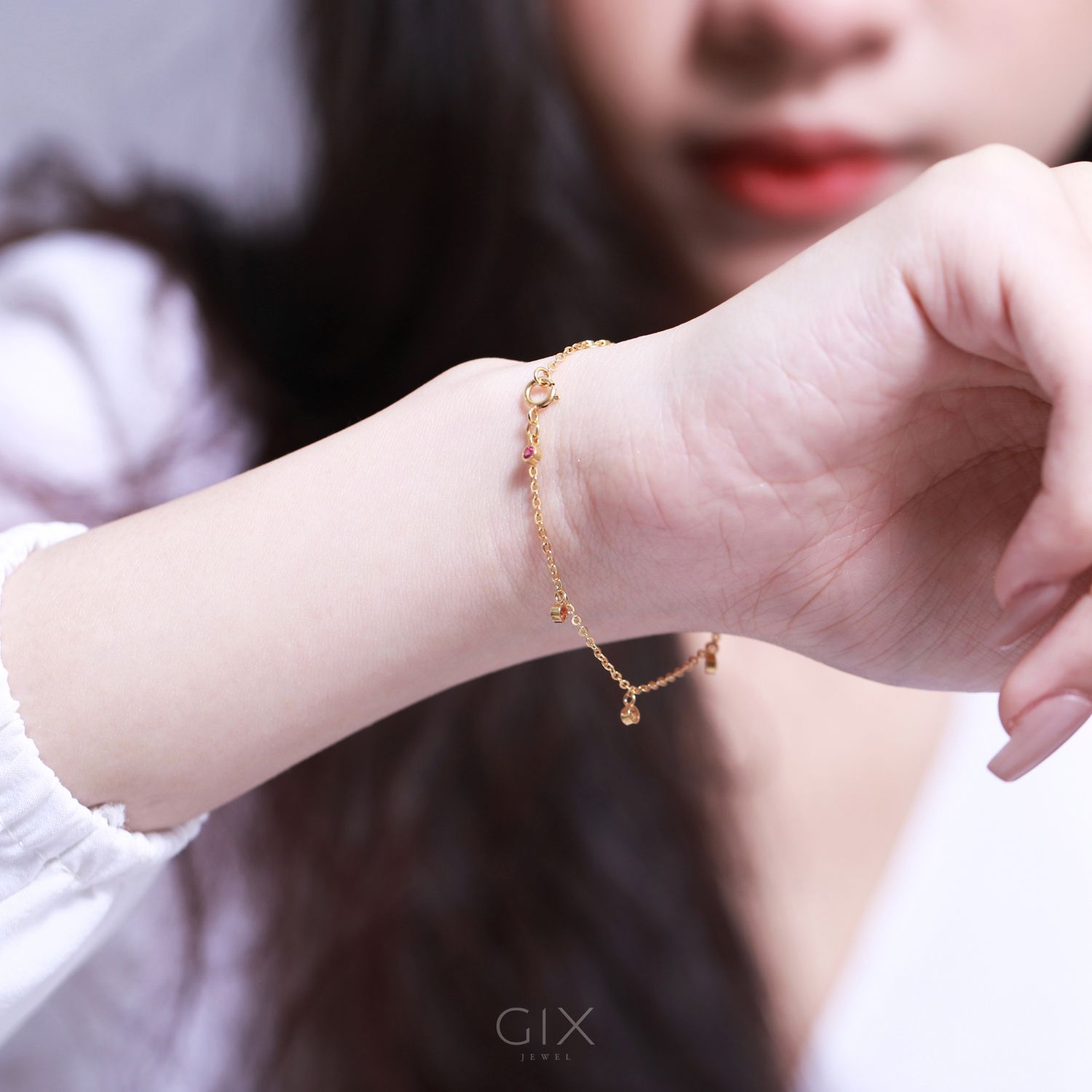 Lắc tay bạc nữ đẹp mạ vàng 18k sợi nhỏ xinh đính đá cầu vòng nhiều màu Gix