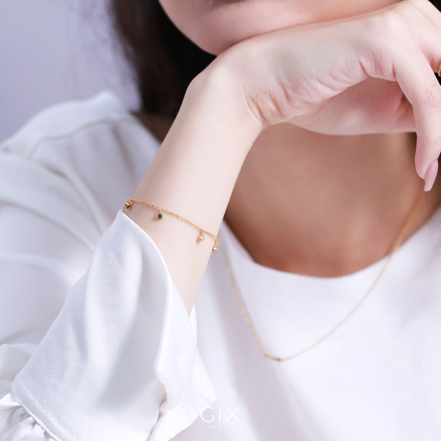 Lắc tay bạc nữ đẹp mạ vàng 18k sợi nhỏ xinh đính đá cầu vòng nhiều màu Gix