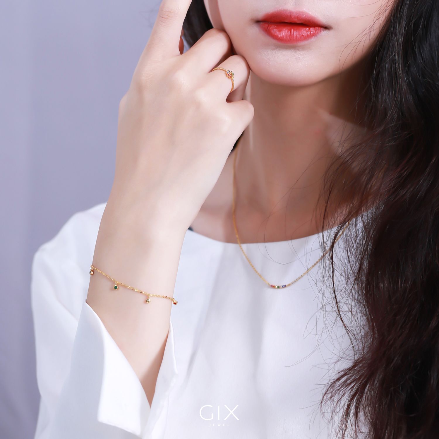 Lắc tay bạc nữ đẹp mạ vàng 18k sợi nhỏ xinh đính đá cầu vòng nhiều màu Gix