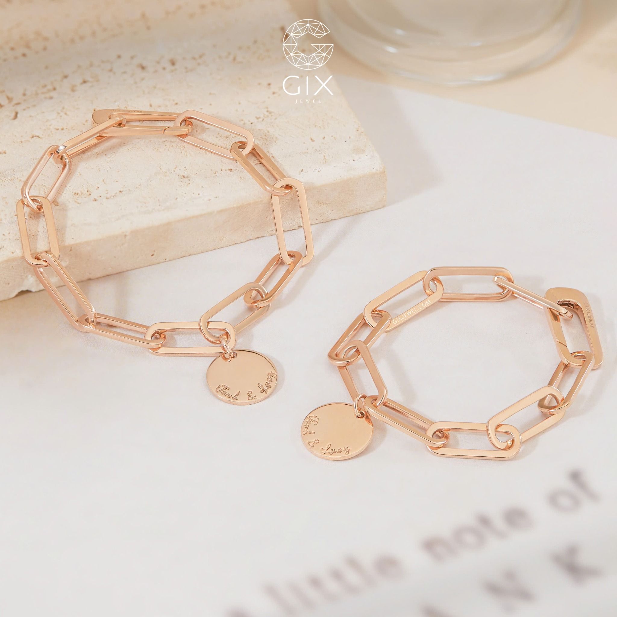 Vòng tay bạc đôi mắc xích vuông cá tính khắc chữ đeo cặp đẹp Gix Jewel