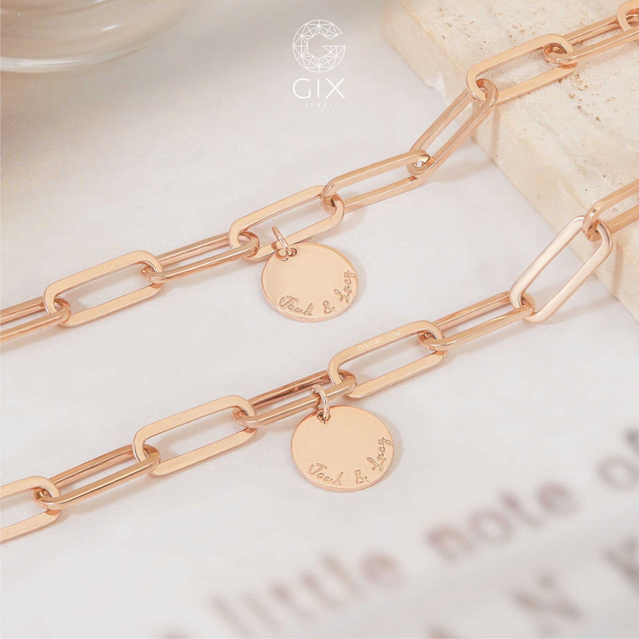 Vòng tay bạc đôi mắc xích vuông cá tính khắc chữ đeo cặp đẹp Gix Jewel