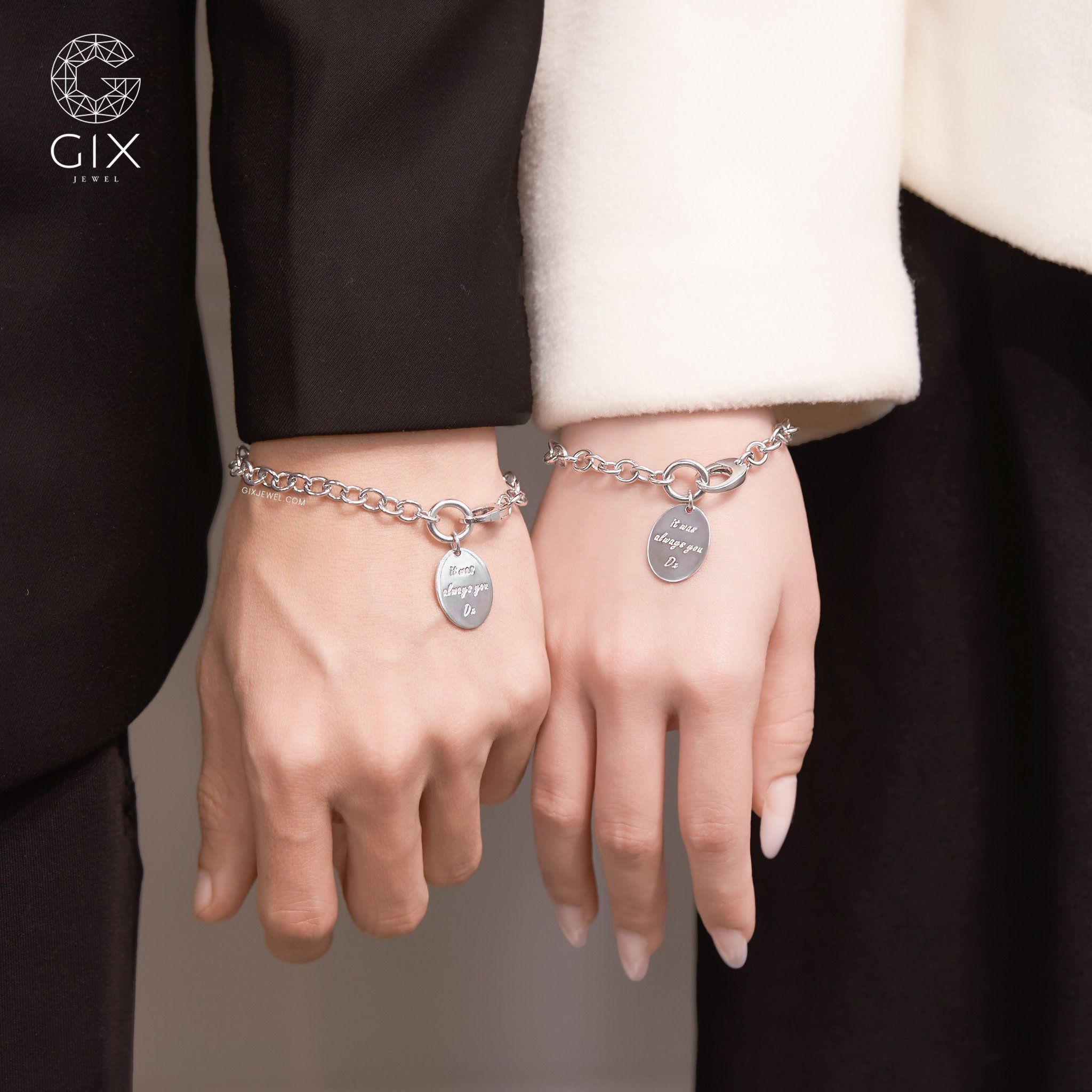 Vòng cặp khắc tên mắc xích lớn kiểu mới bạc & vàng đẹp cho nam nữ Gix Jewel