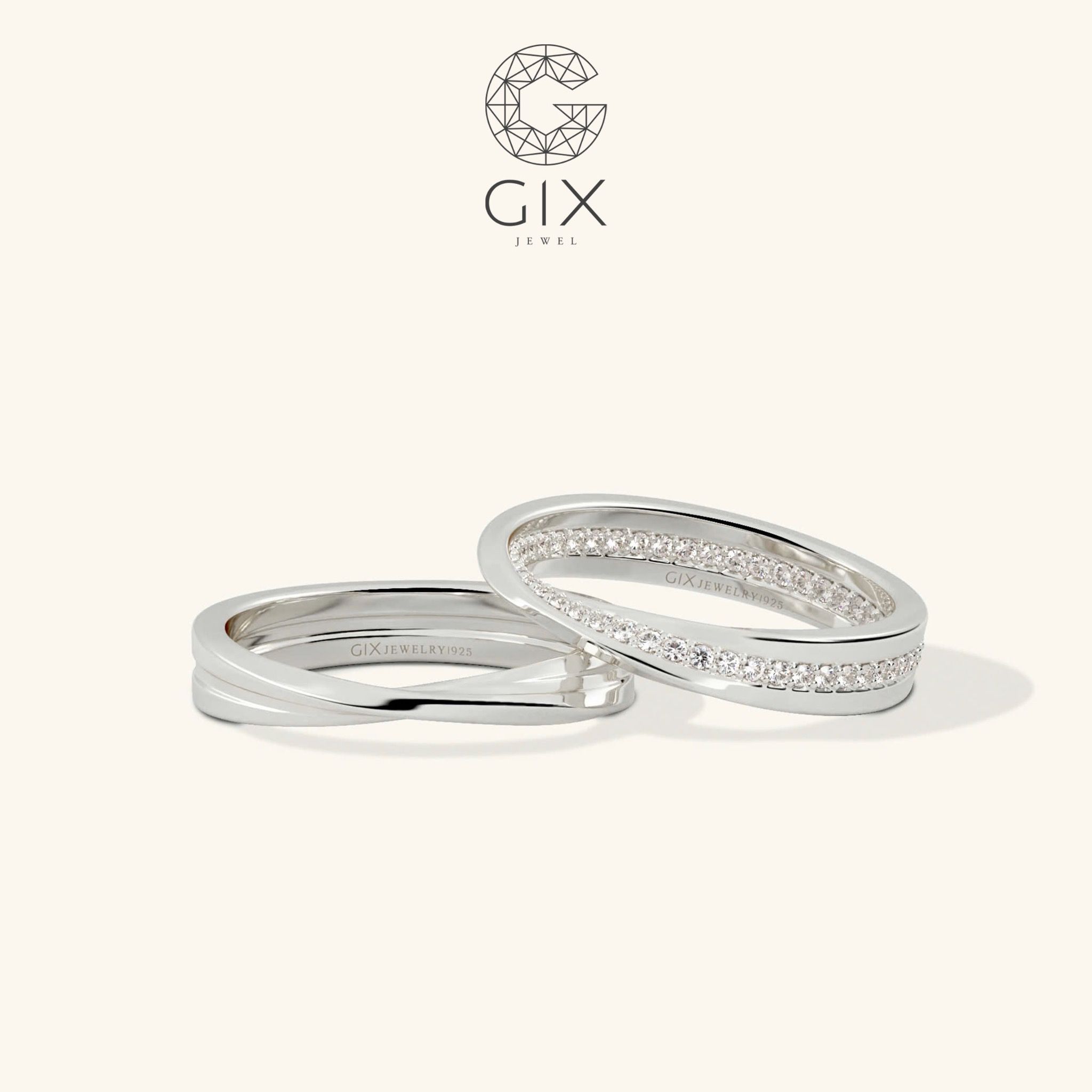 Nhẫn cưới cặp Mobius vô cực vàng trắng 18k đính kim cương hột xoàn đẹp Gix Jewel