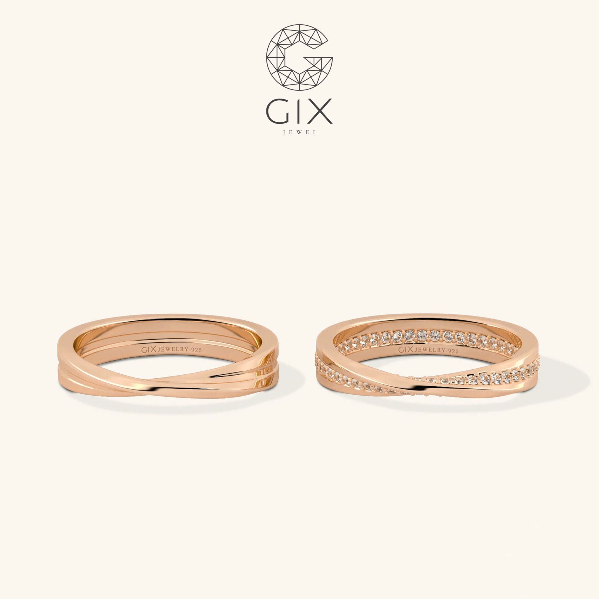 Nhẫn cưới cặp Mobius vô cực vàng trắng 18k đính kim cương hột xoàn đẹp Gix Jewel