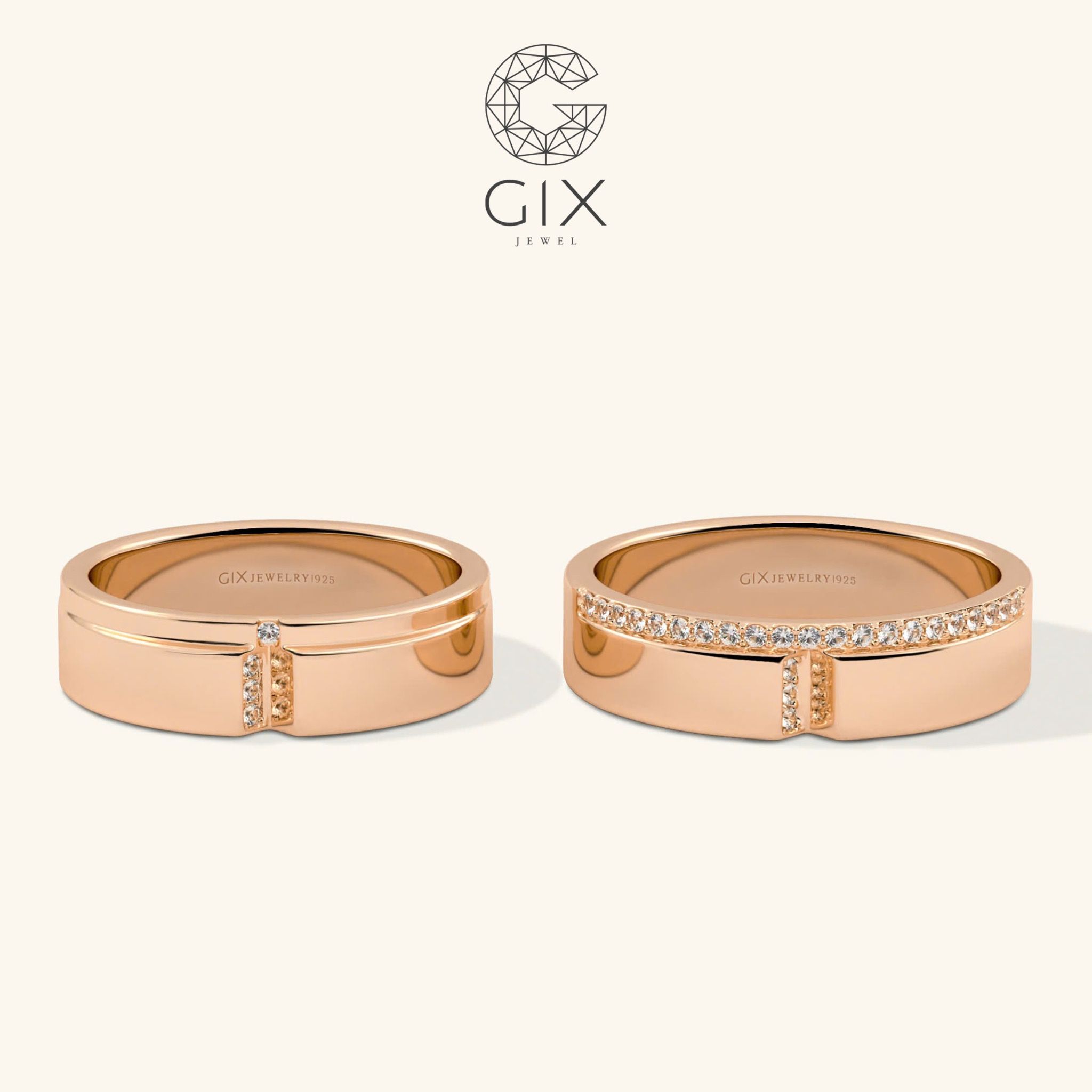 Nhẫn cưới vàng ý 750 thiết kế độc đáo đính kim cương sang trọng hiện đại Gix Jewelry