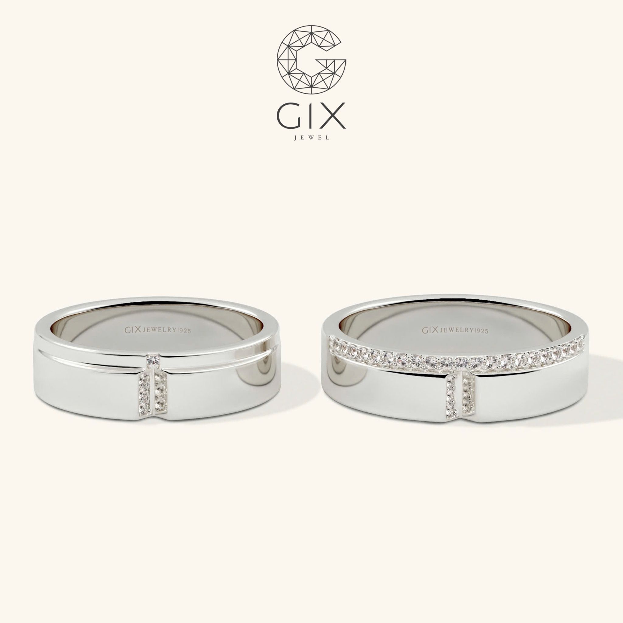 Nhẫn cưới vàng ý 750 thiết kế độc đáo đính kim cương sang trọng hiện đại Gix Jewelry