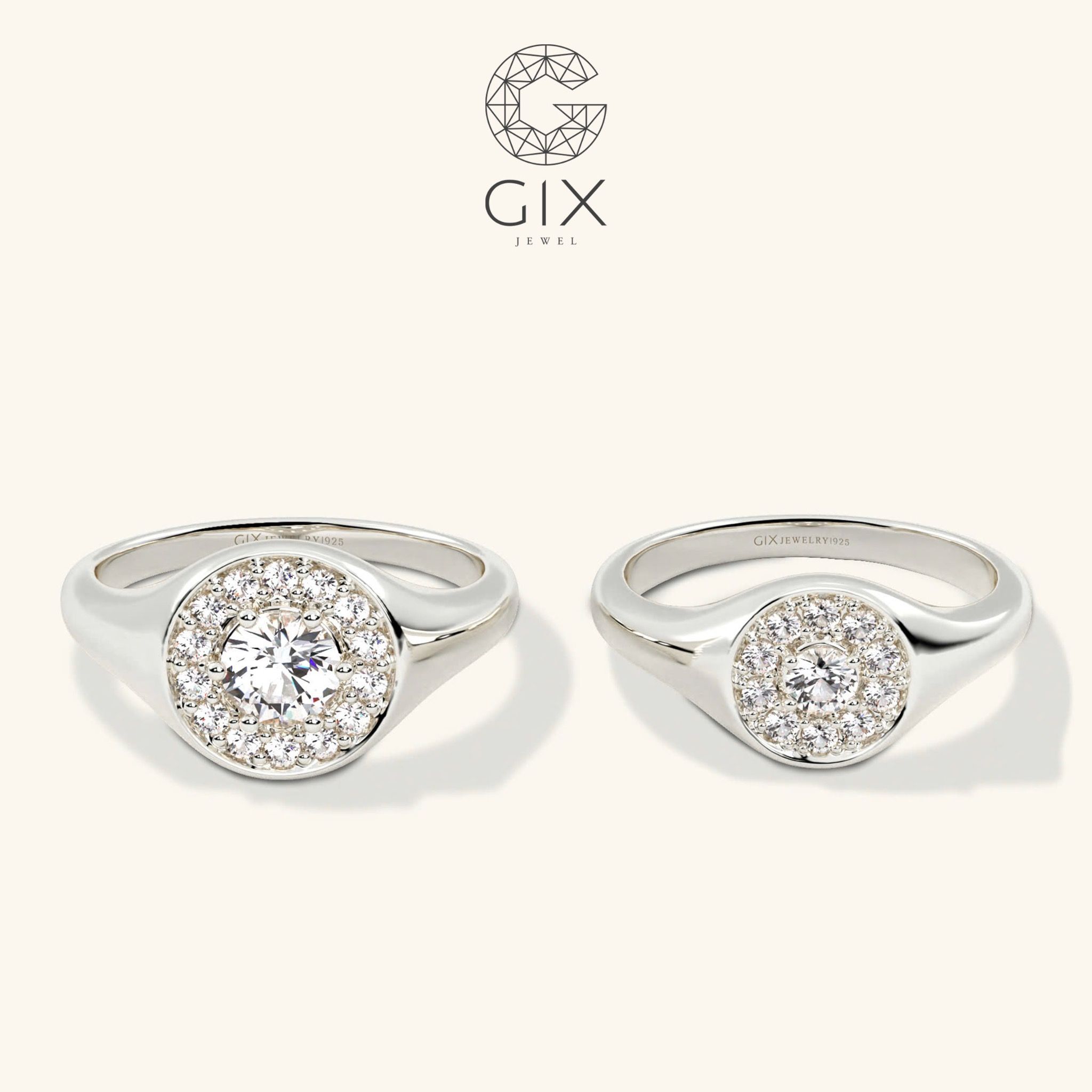 Nhẫn cưới thiết kế riêng signet mặt tròn vàng 18k đẹp nhất đính kim cương sang trọng Gix Jewel