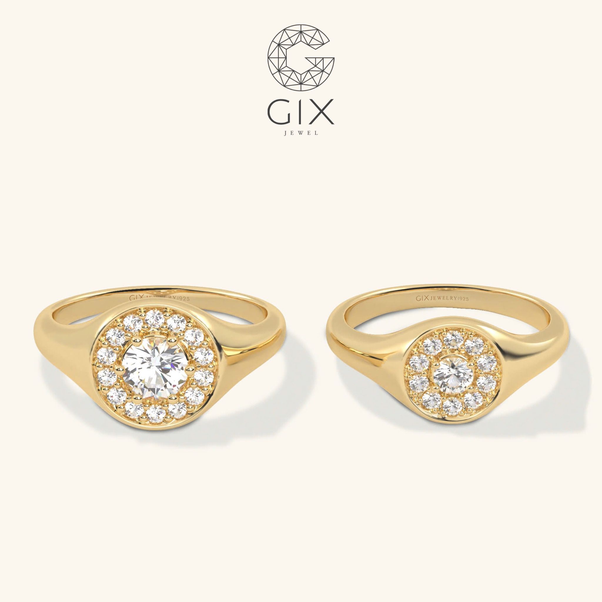 Nhẫn cưới thiết kế riêng signet mặt tròn vàng 18k đẹp nhất đính kim cương sang trọng Gix Jewel