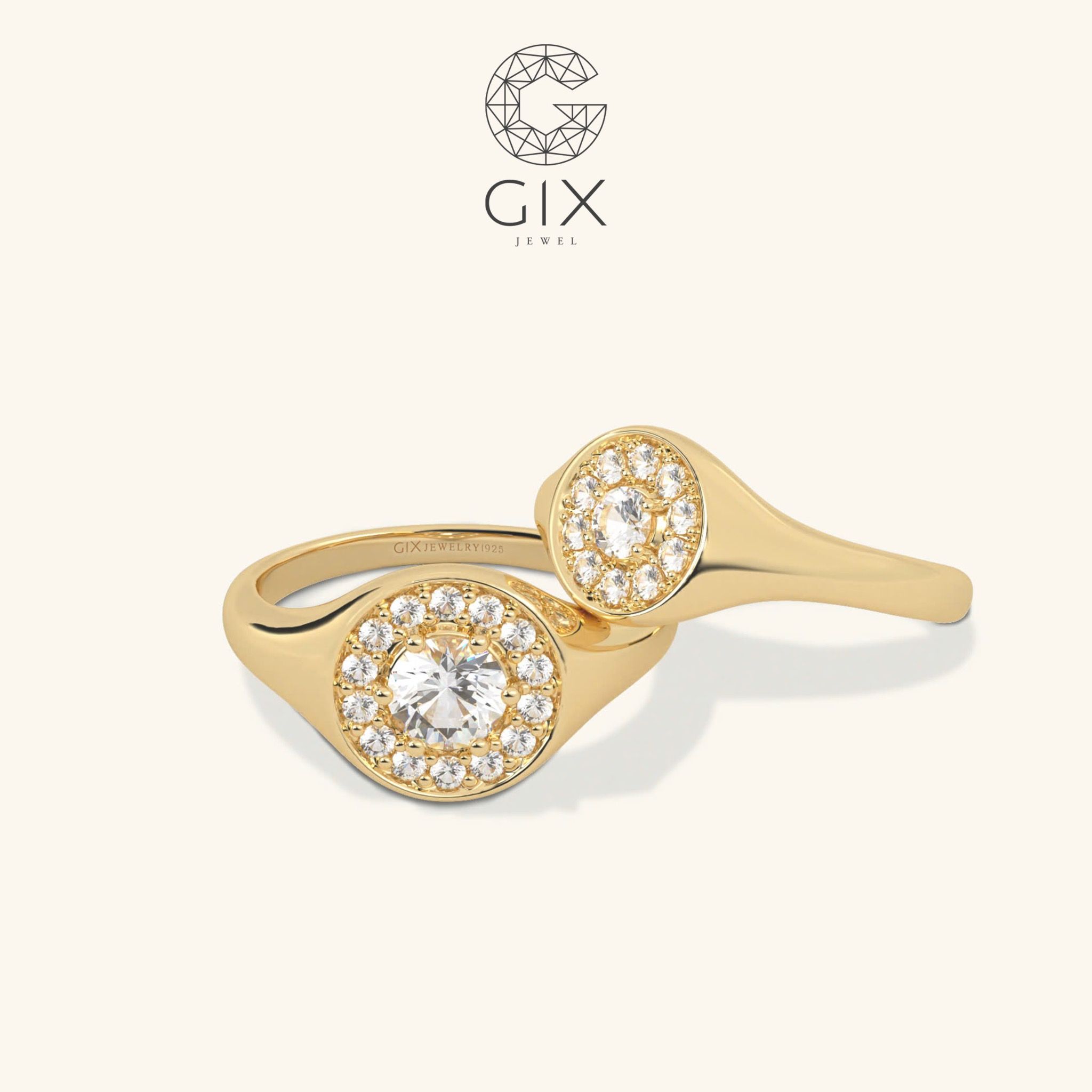 Nhẫn cưới thiết kế riêng signet mặt tròn vàng 18k đẹp nhất đính kim cương sang trọng Gix Jewel