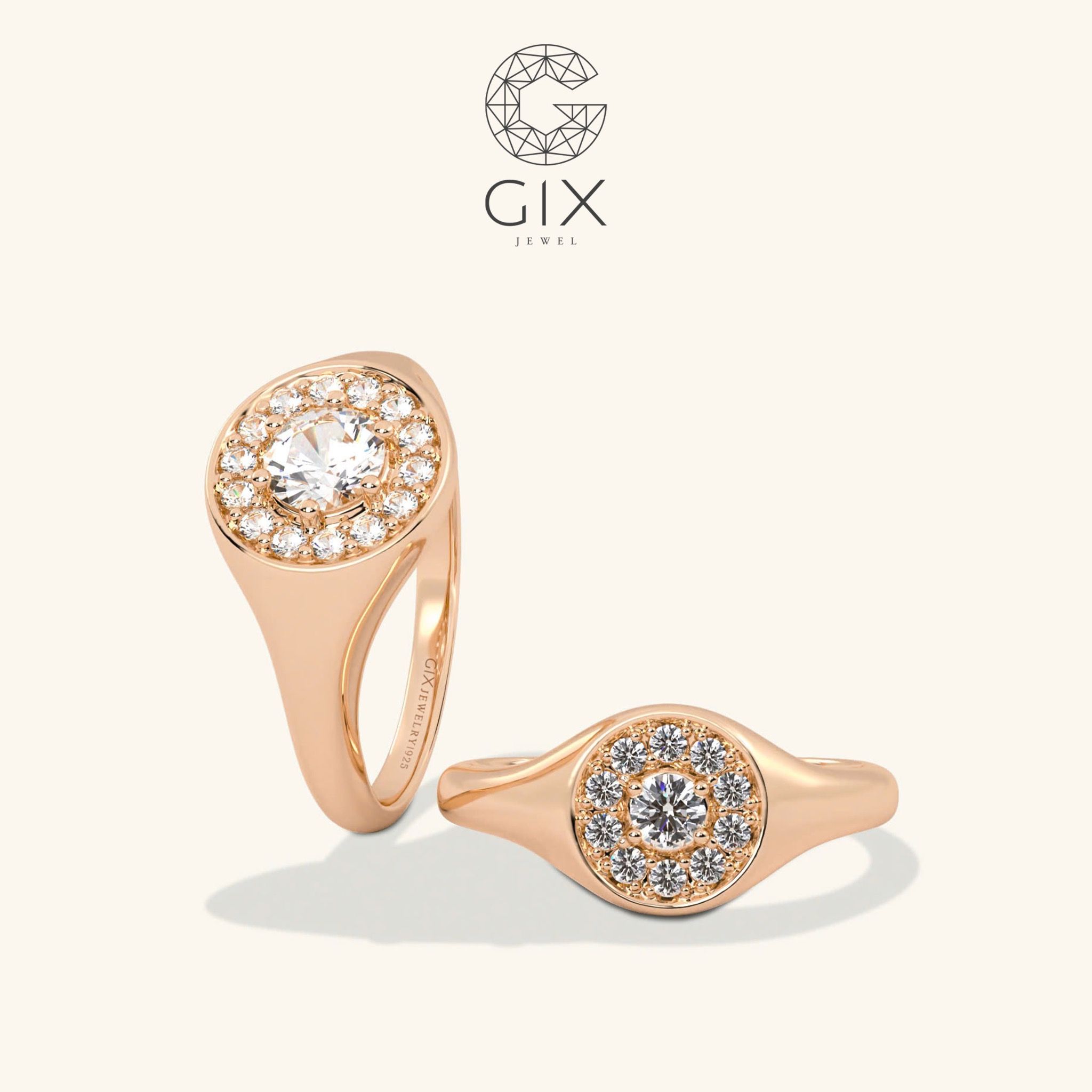 Nhẫn cưới thiết kế riêng signet mặt tròn vàng 18k đẹp nhất đính kim cương sang trọng Gix Jewel