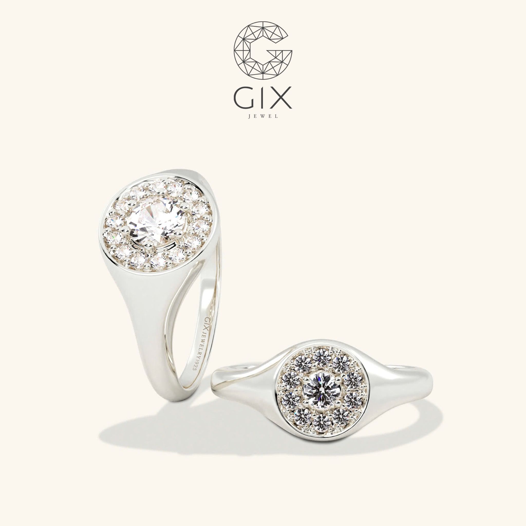 Nhẫn đôi signet bạc mạ vàng đính đá Moissanite - GCR25050107