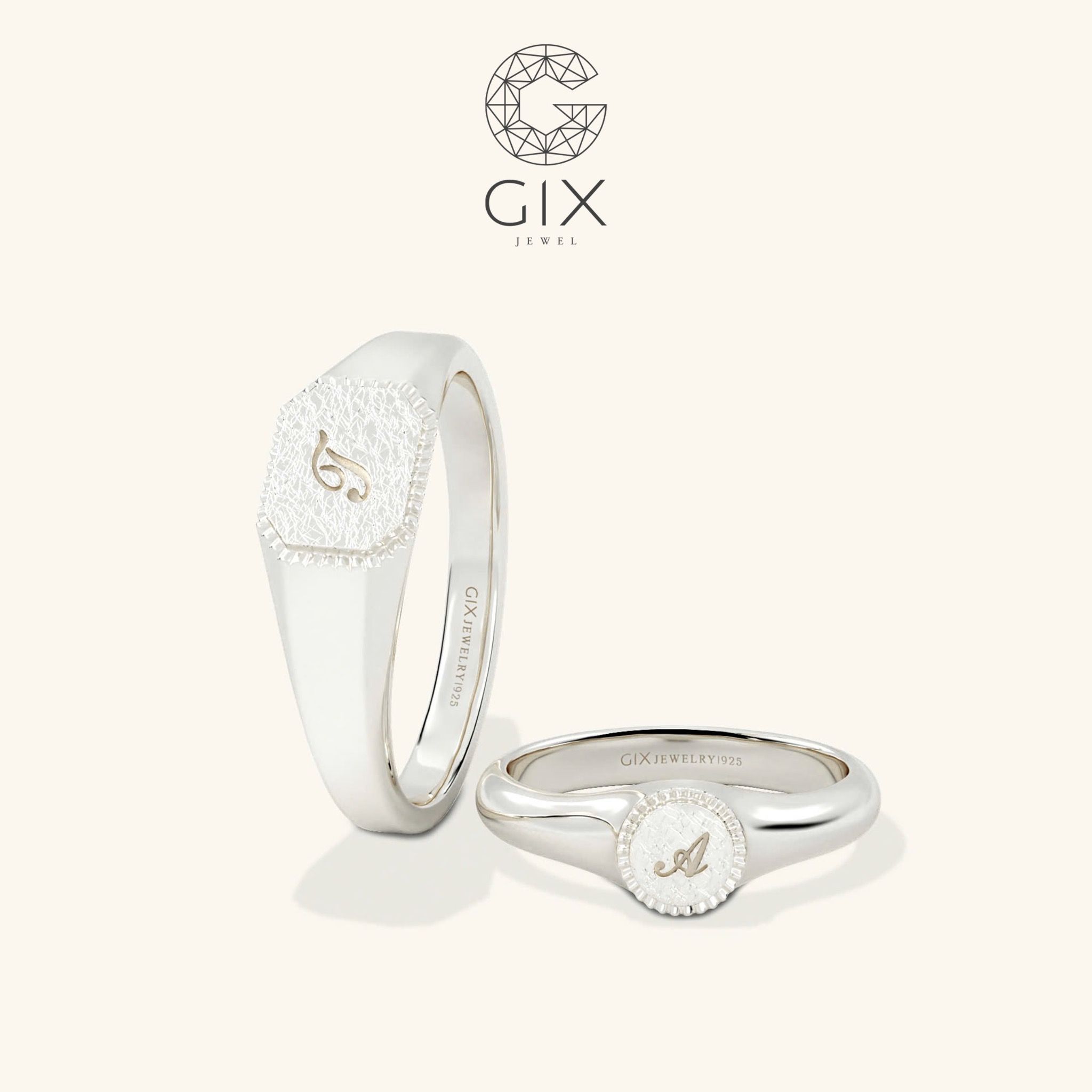 Nhẫn cưới thiết kế độc đáo signet ring vàng 18k khắc chữ đẹp Gix Jewel