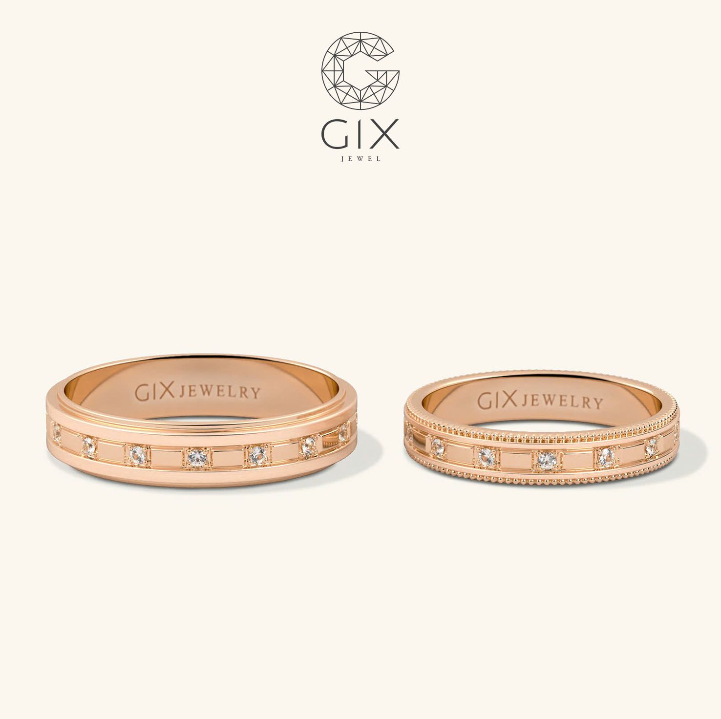 Cặp nhẫn cưới vàng 18k bản tròn đơn giản sang trọng gắn kim cương Gix Jewel
