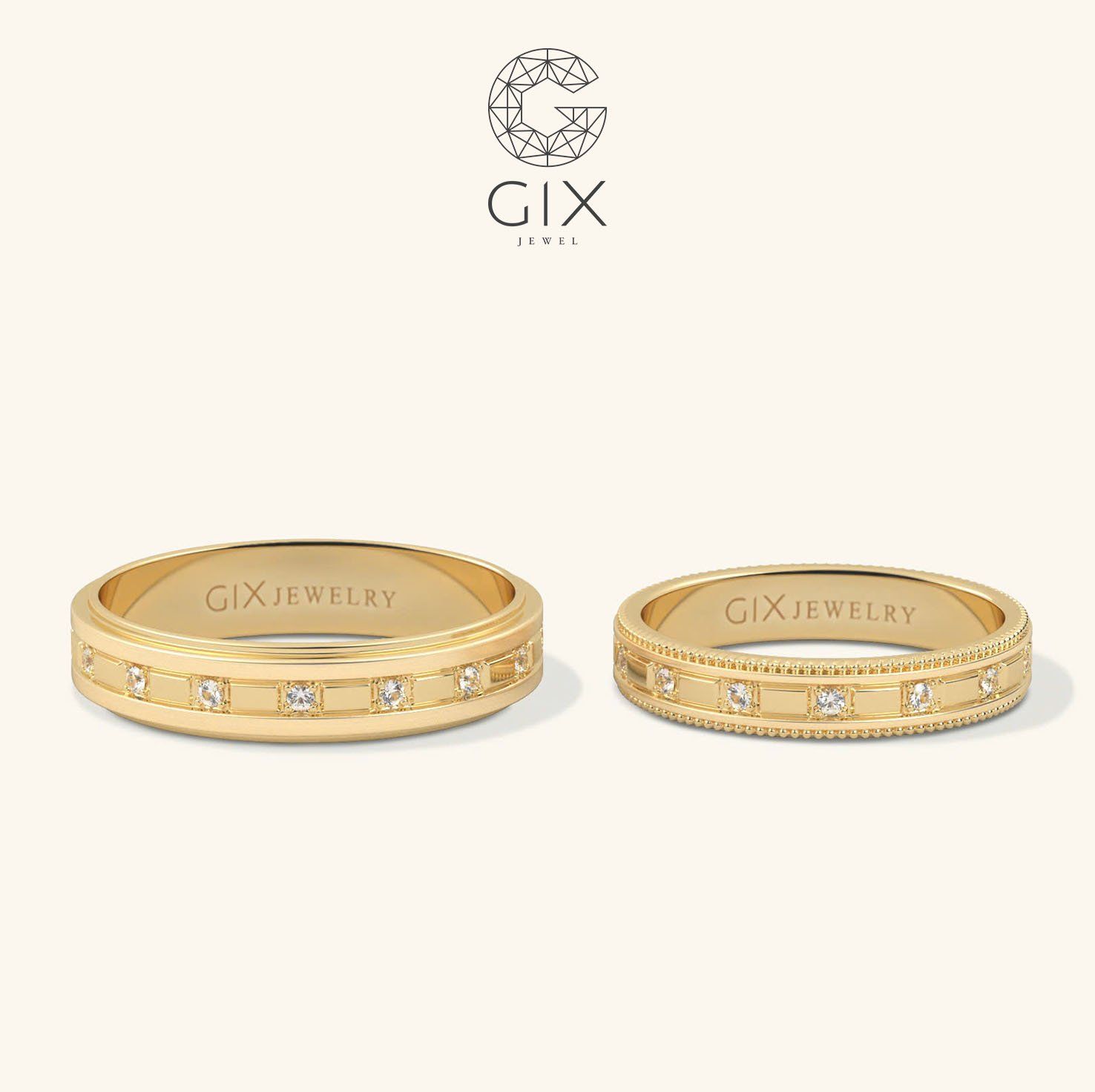 Cặp nhẫn cưới vàng 18k bản tròn đơn giản sang trọng gắn kim cương Gix Jewel