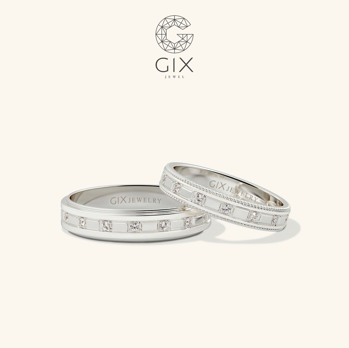 Cặp nhẫn cưới vàng 18k bản tròn đơn giản sang trọng gắn kim cương Gix Jewel
