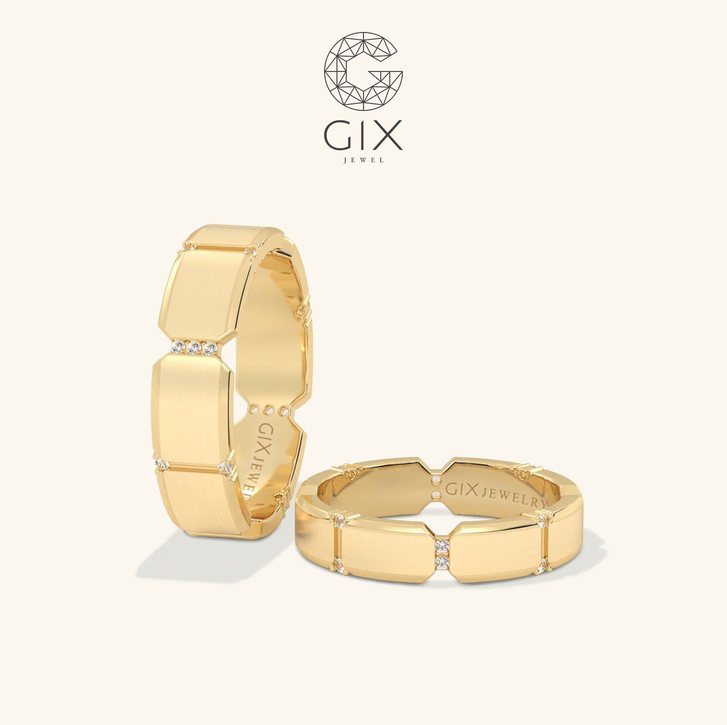 Nhẫn cưới vàng 14k đẹp lạ khắc hoa văn đính đá cao cấp Gix - GCR25050069