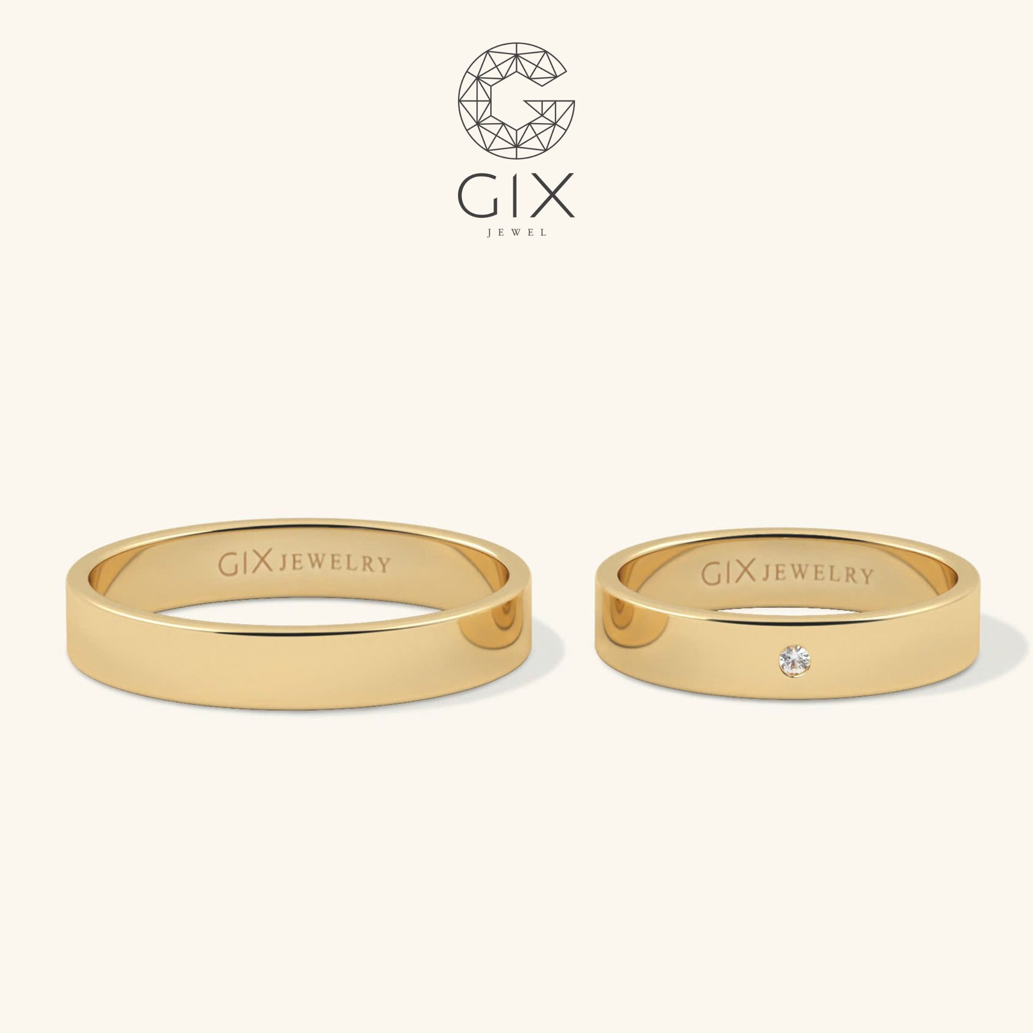 Cặp nhẫn cưới truyền thống vàng tây 18k đẹp trơn bản to khắc chữ đính đá đẹp Gix