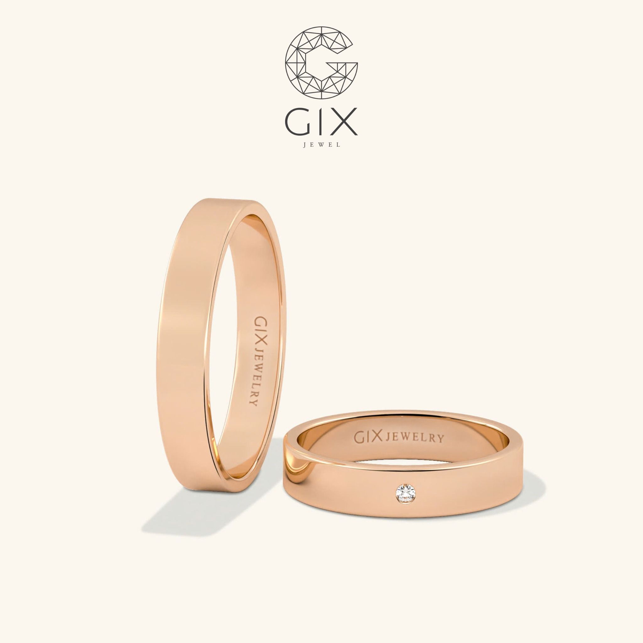 Cặp nhẫn cưới truyền thống vàng tây 18k đẹp trơn bản to khắc chữ đính đá đẹp Gix