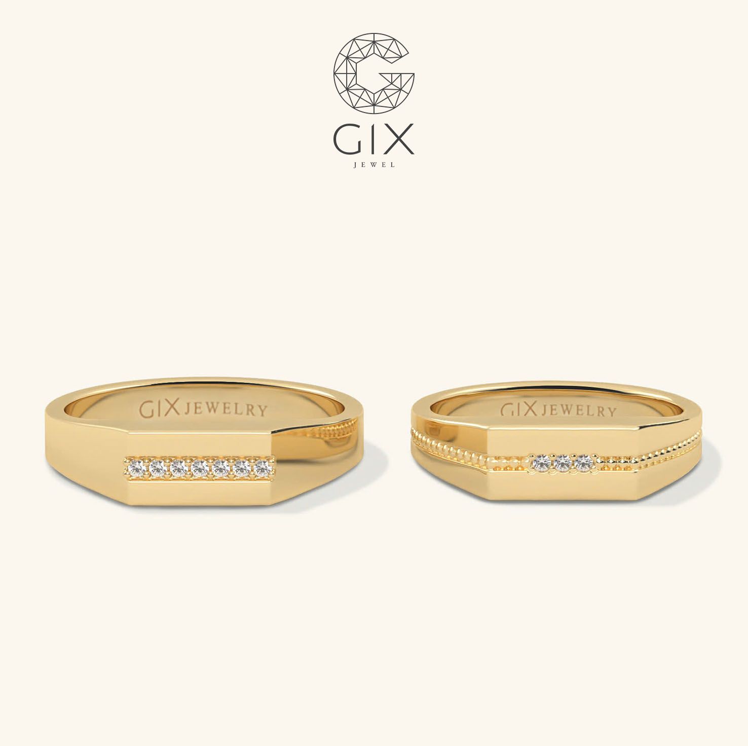 Nhẫn cưới thiết kế signet ring vàng 18k nam nữ đính đá khắc tên Gix Jewel