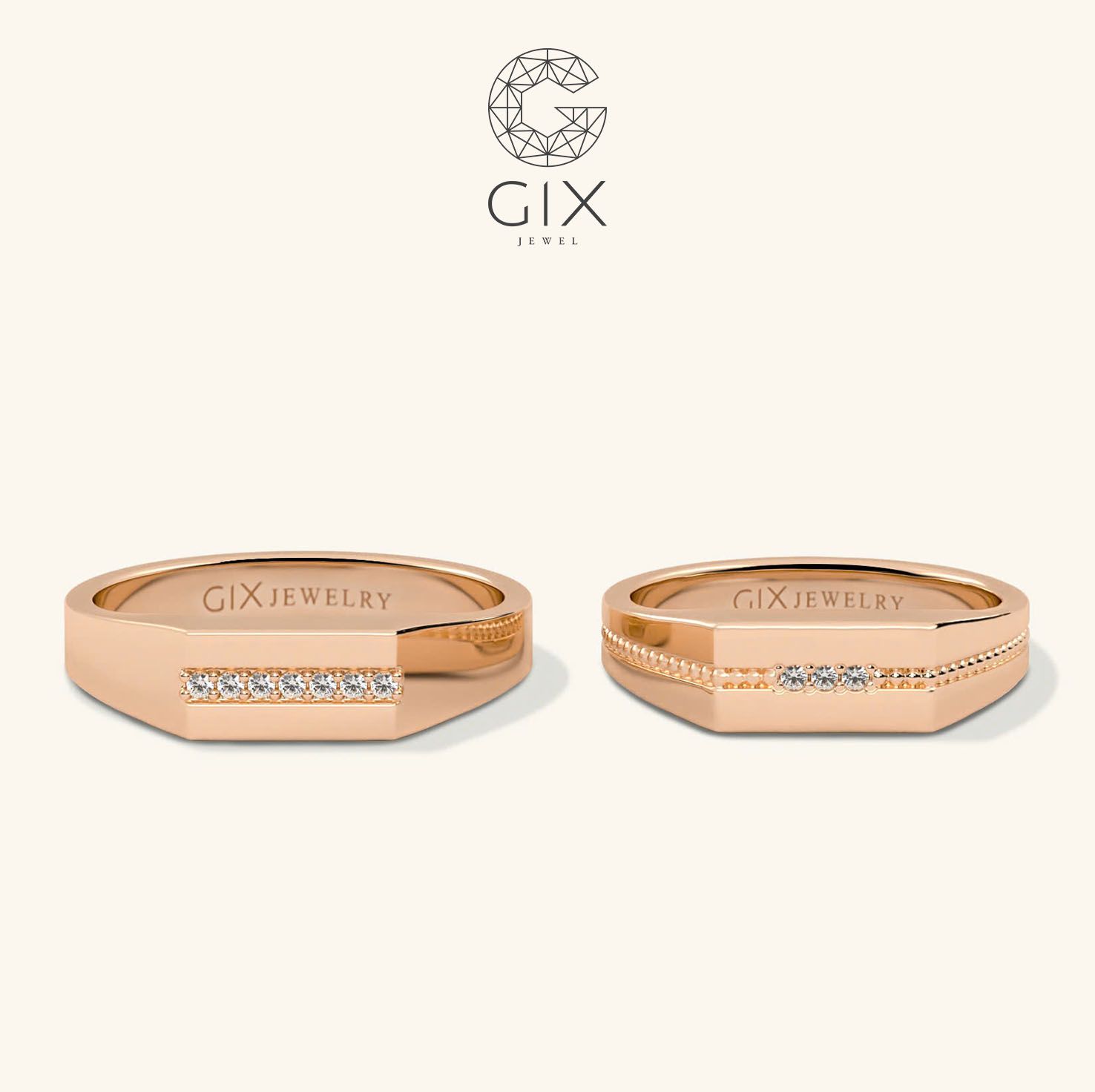 Nhẫn cưới thiết kế signet ring vàng 18k nam nữ đính đá khắc tên Gix Jewel
