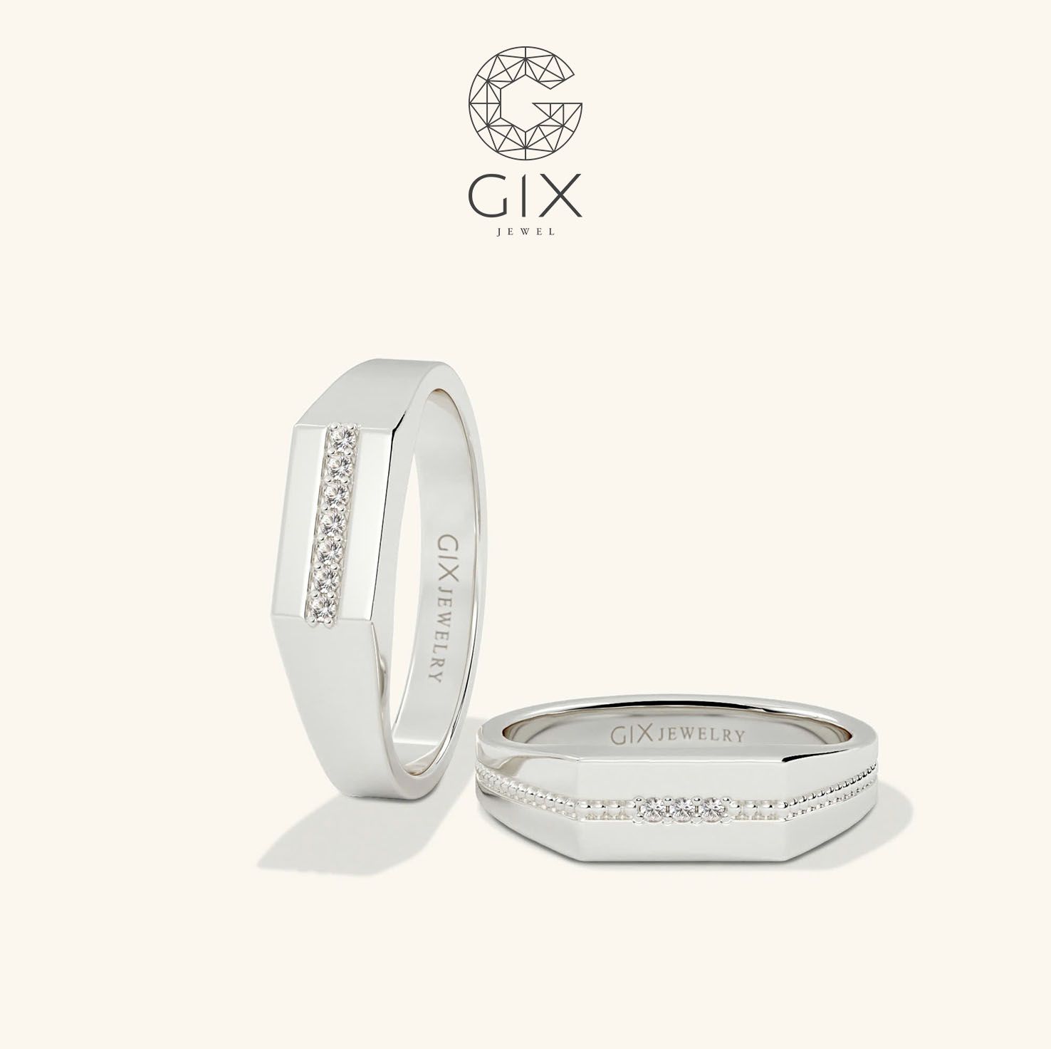 Nhẫn cưới thiết kế signet ring vàng 18k nam nữ đính đá khắc tên Gix Jewel