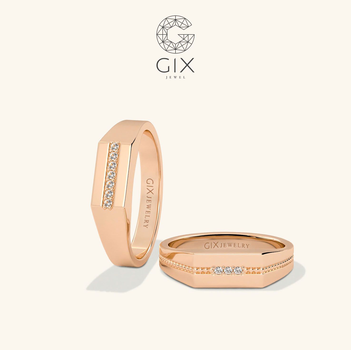 Nhẫn cưới thiết kế signet ring vàng 18k nam nữ đính đá khắc tên Gix Jewel
