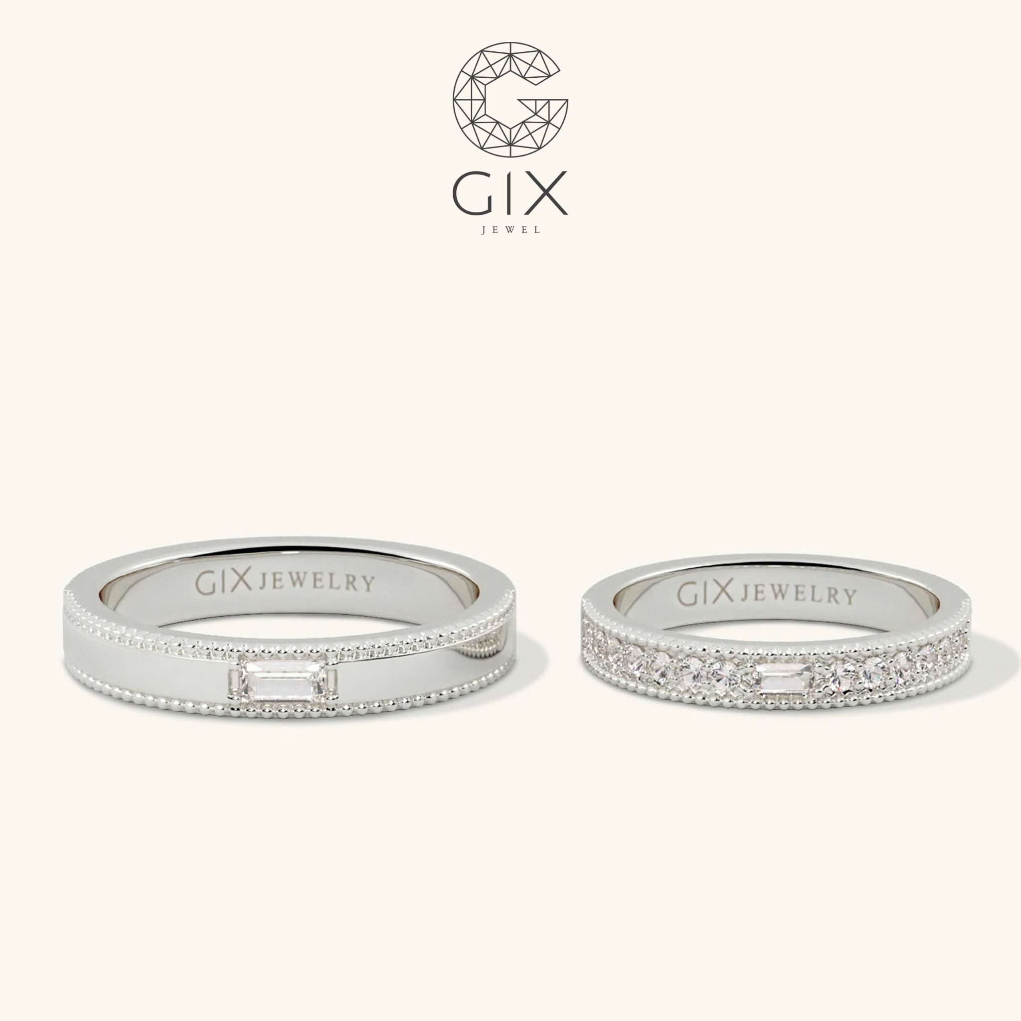 Cặp nhẫn cưới vàng tây 14k kiểu Hàn Quốc đính hột xoàn đẹp Gix Jewelry