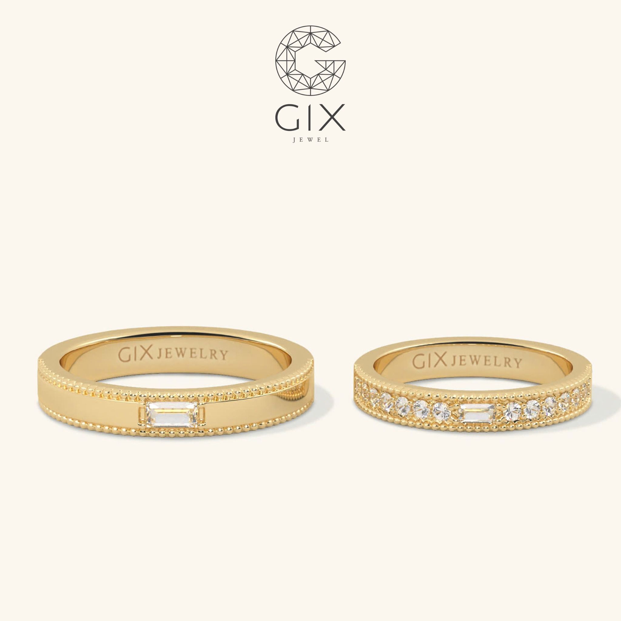 Cặp nhẫn cưới vàng tây 14k kiểu Hàn Quốc đính hột xoàn đẹp Gix Jewelry