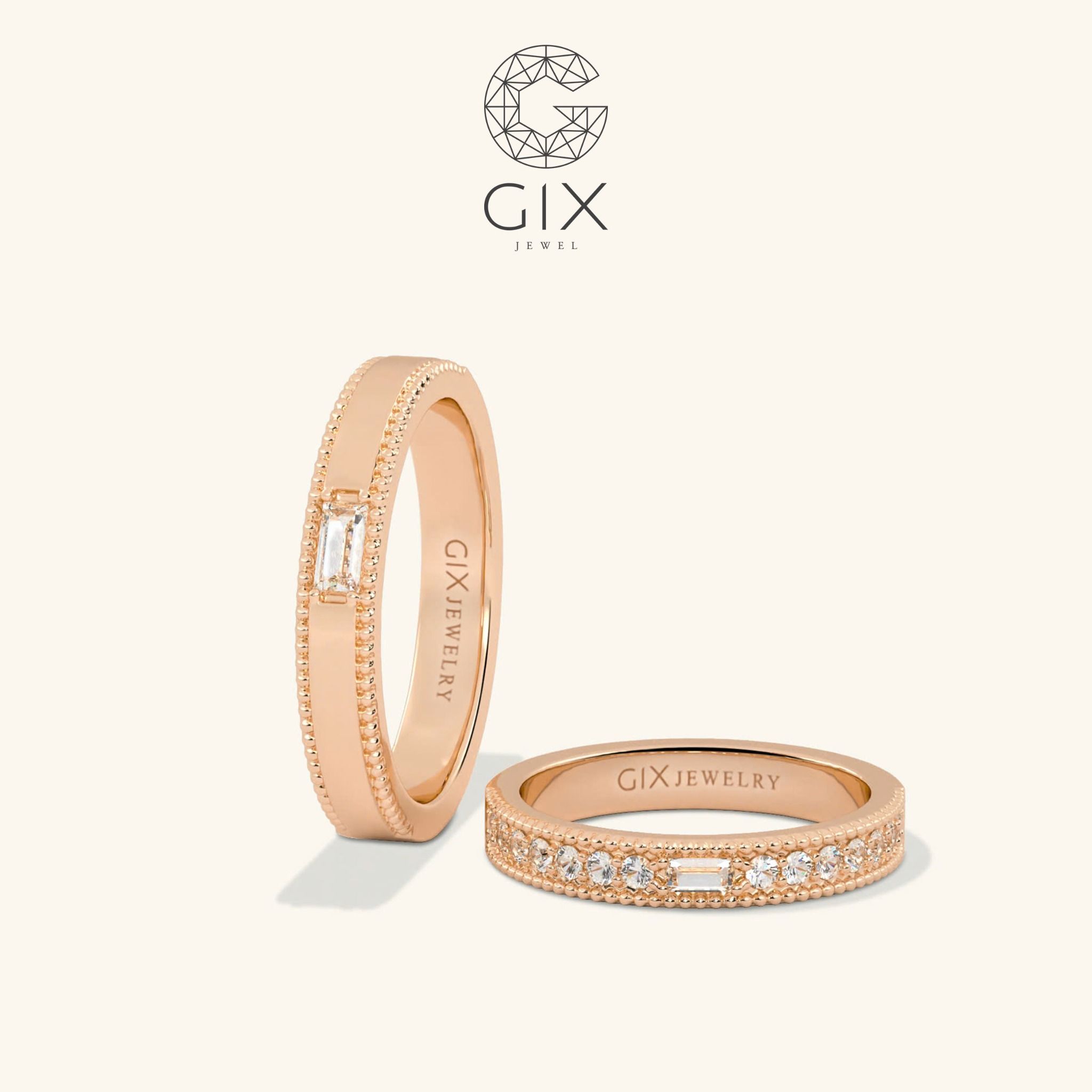 Cặp nhẫn cưới vàng tây 14k kiểu Hàn Quốc đính hột xoàn đẹp Gix Jewelry