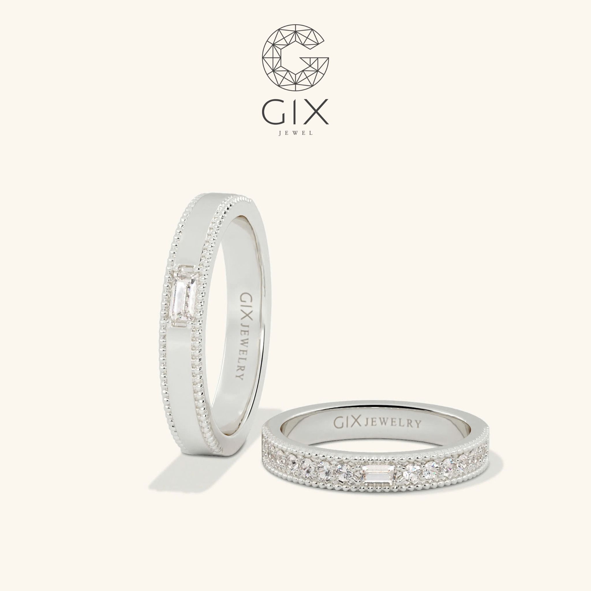 Cặp nhẫn cưới vàng tây 14k kiểu Hàn Quốc đính hột xoàn đẹp Gix Jewelry