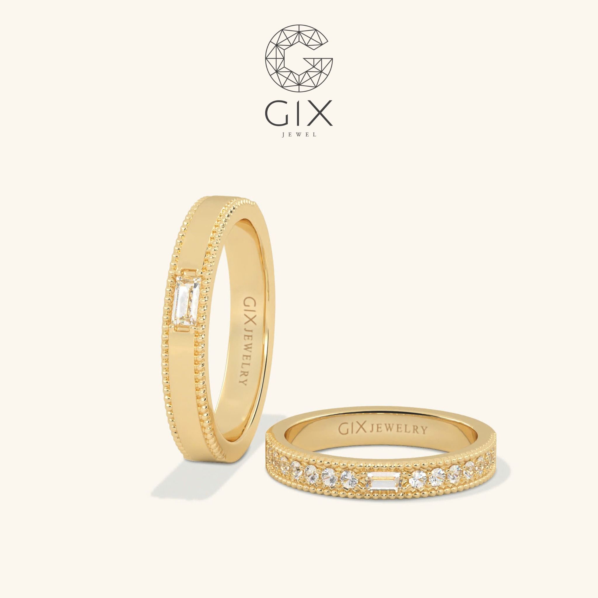 Cặp nhẫn cưới vàng tây 14k kiểu Hàn Quốc đính hột xoàn đẹp Gix Jewelry