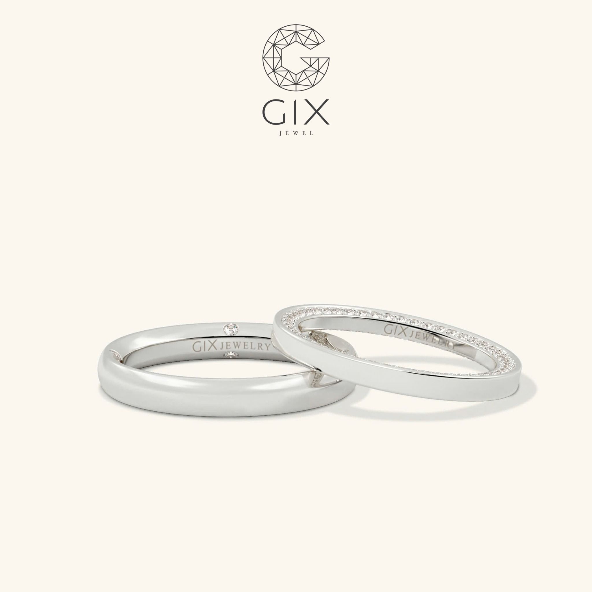 Nhẫn cưới kim cương Diamond vàng 18k đẹp đính Moissanite khắc tên Gix Jewel