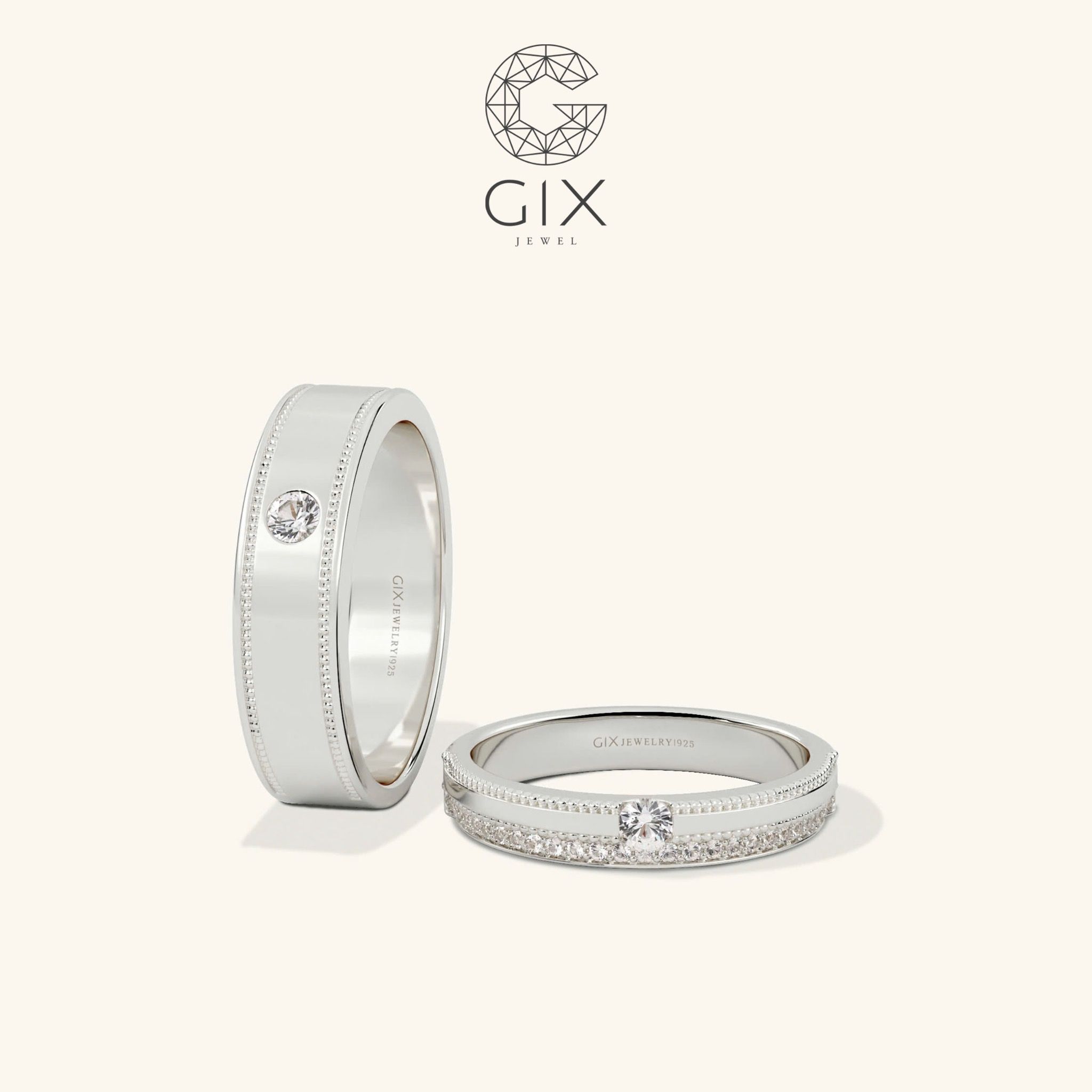 Nhẫn cưới vàng ý trắng 18k đẹp luxury đính kim cương cao cấp Gix Jewelry