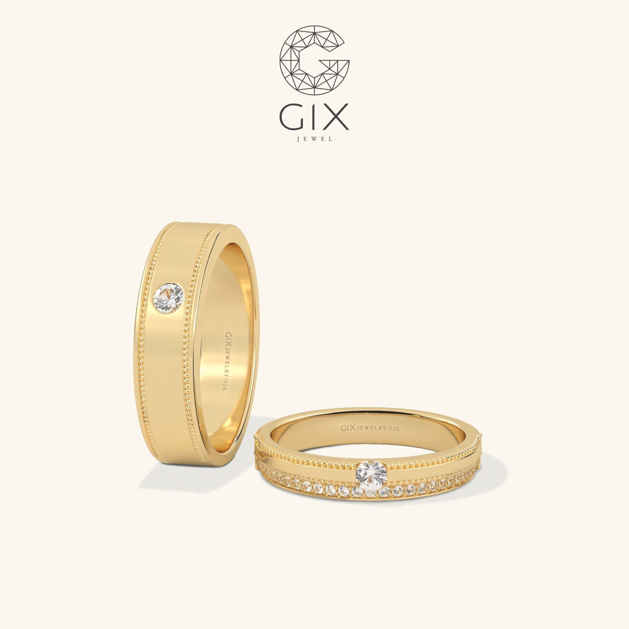 Nhẫn cưới vàng ý trắng 18k đẹp luxury đính kim cương cao cấp Gix Jewelry