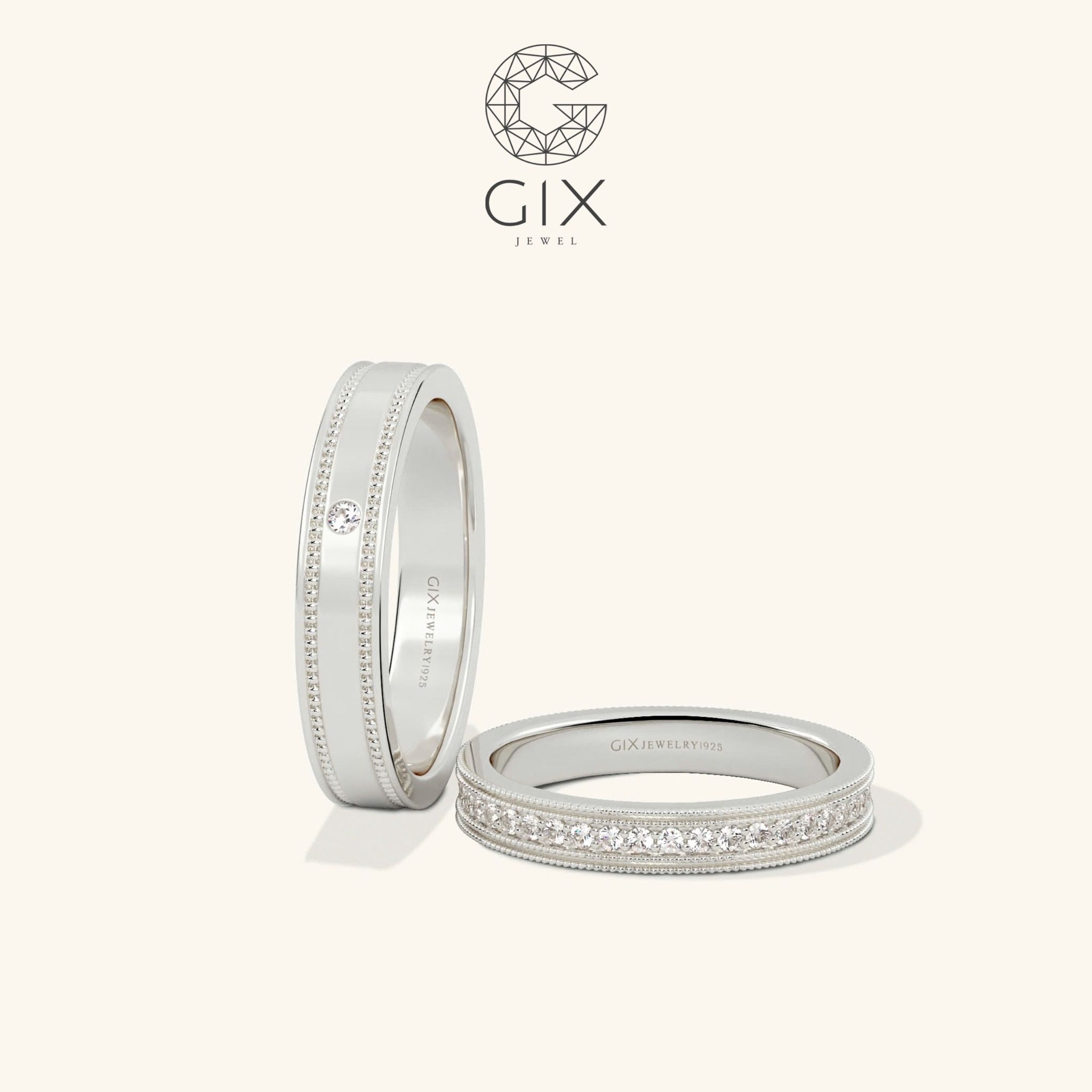 Nhẫn cưới platinum thiết kế đơn giản đẹp đính kim cương thiên nhiên khắc chữ Gix Jewel