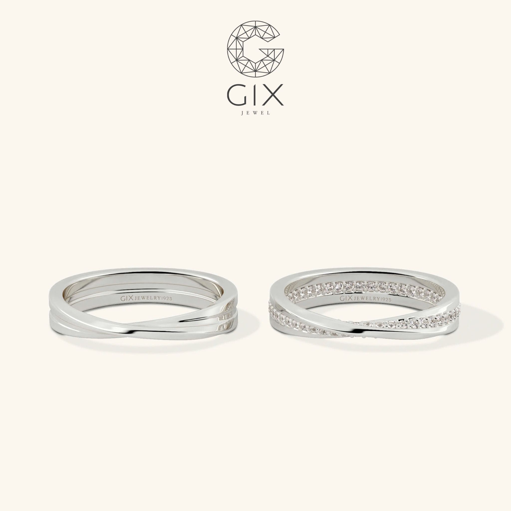 Nhẫn cưới cặp Mobius vô cực vàng trắng 18k đính kim cương hột xoàn đẹp Gix Jewel