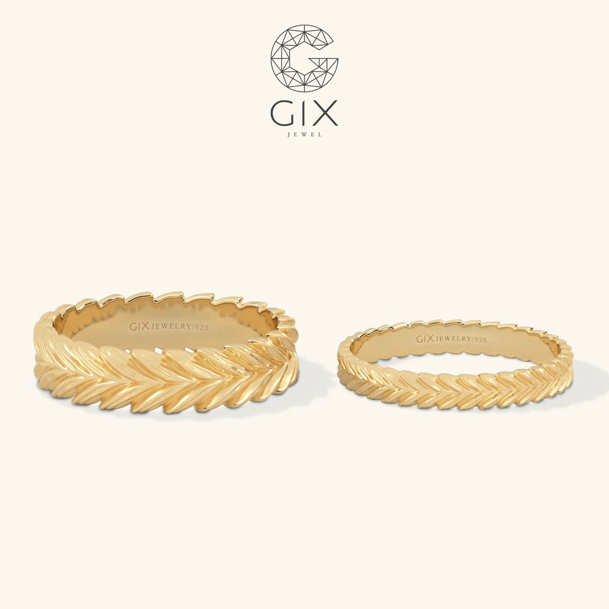 Nhẫn cưới trơn vàng trắng 18k đơn giản mà đẹp khắc hoa văn cành lá Gix Jewelry