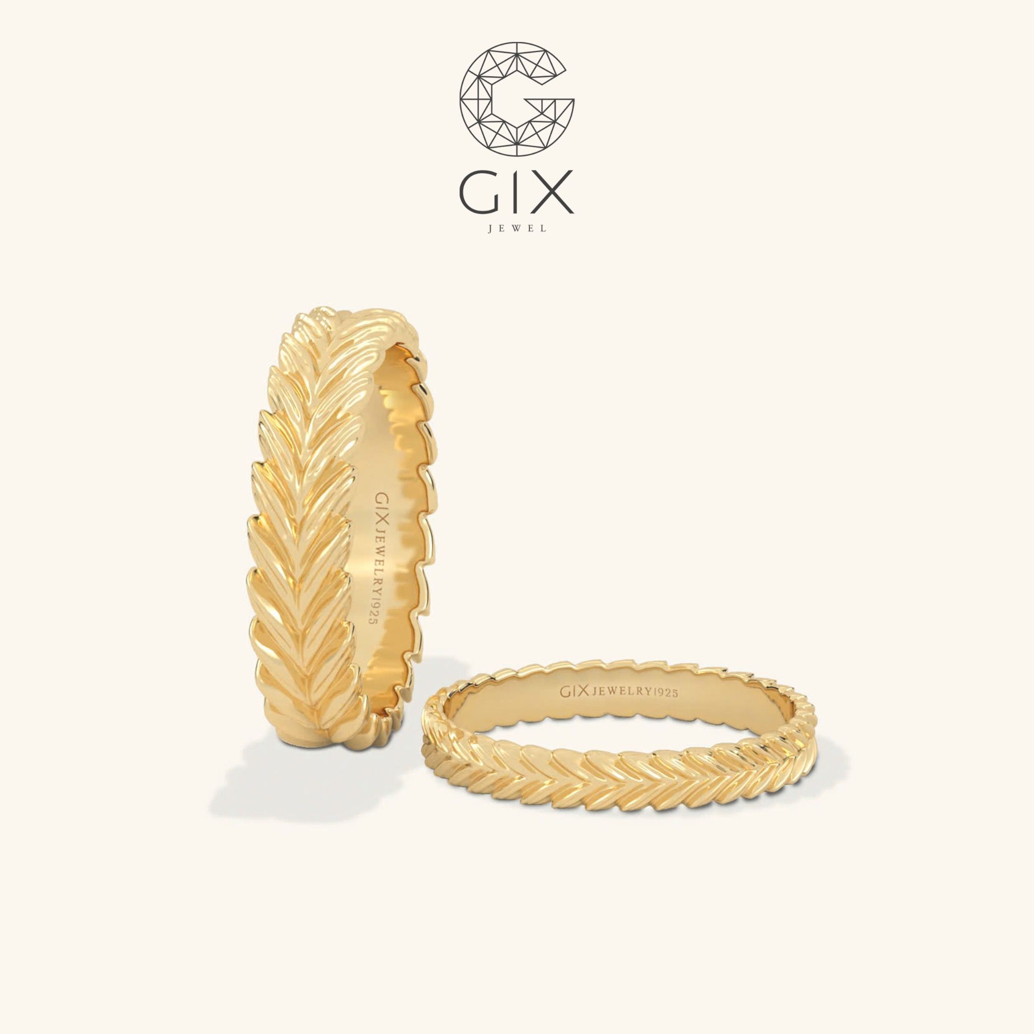 Nhẫn cưới trơn vàng trắng 18k đơn giản mà đẹp khắc hoa văn cành lá Gix Jewelry