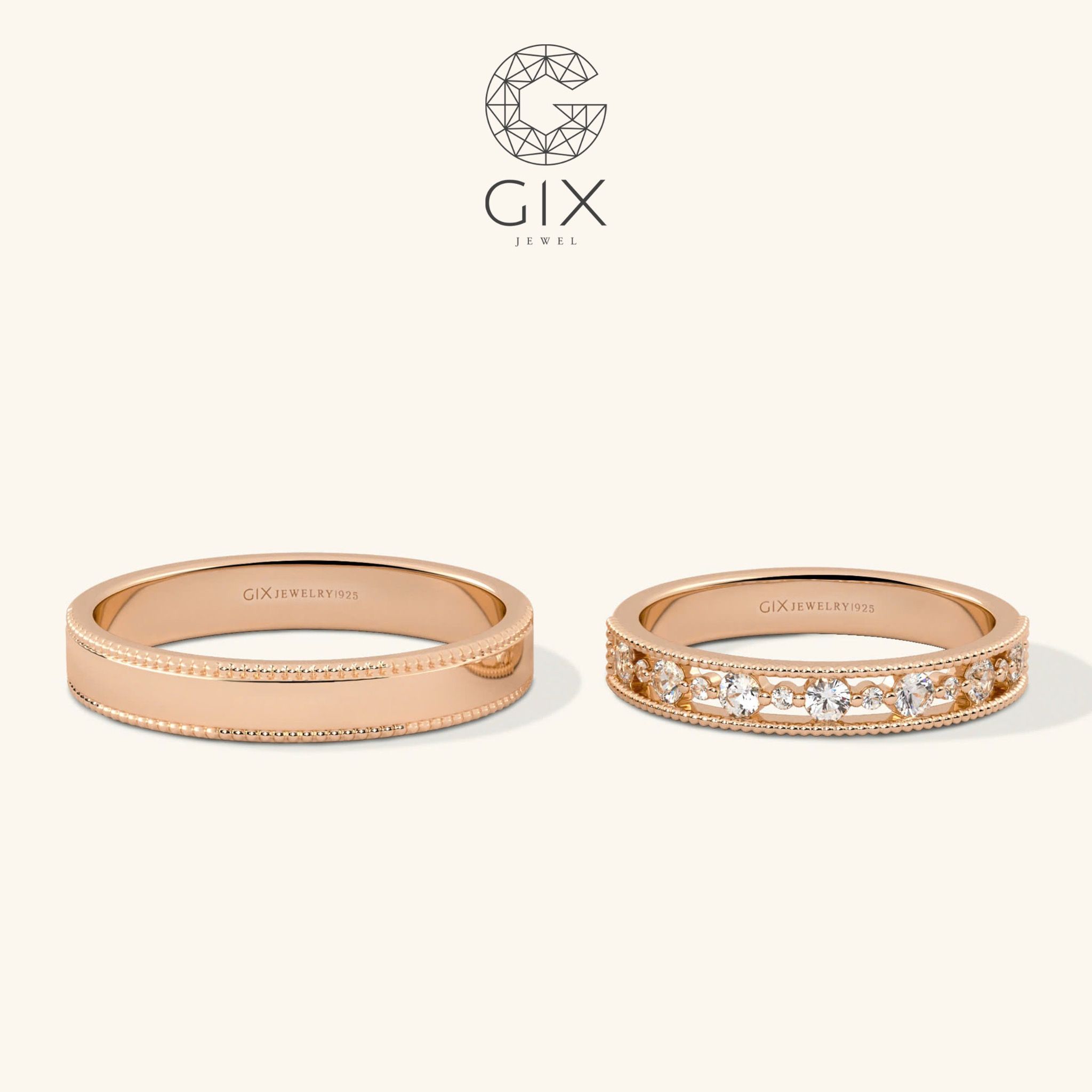 Nhẫn cưới hột xoàn đẹp vàng trắng 14k mới full hạt đính Moissanite Gix Jewel
