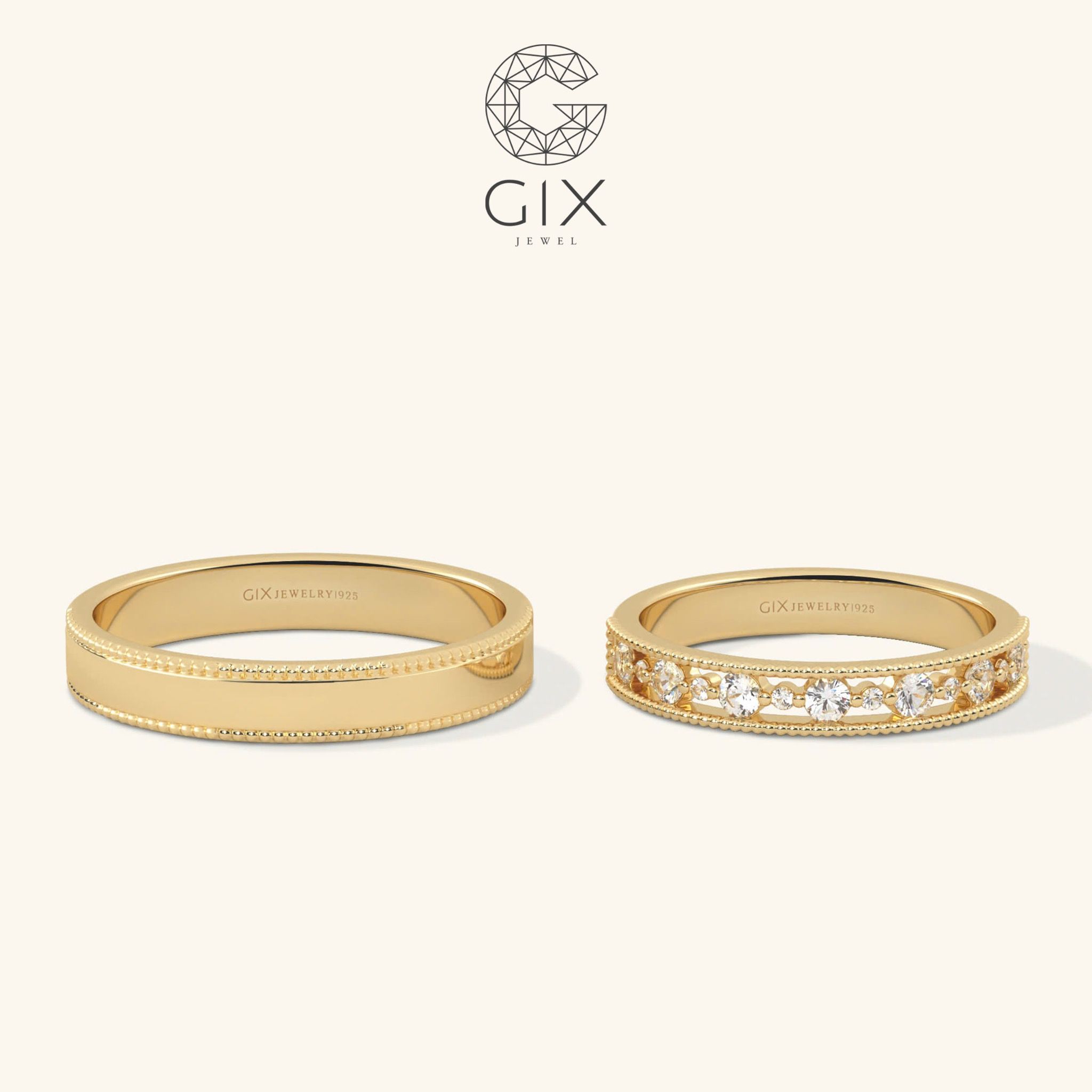 Nhẫn cưới hột xoàn đẹp vàng trắng 14k mới full hạt đính Moissanite Gix Jewel